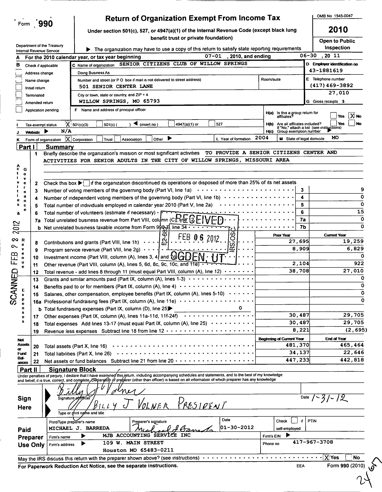 Image of first page of 2010 Form 990 for Senior Citizens Club of Willow Springs