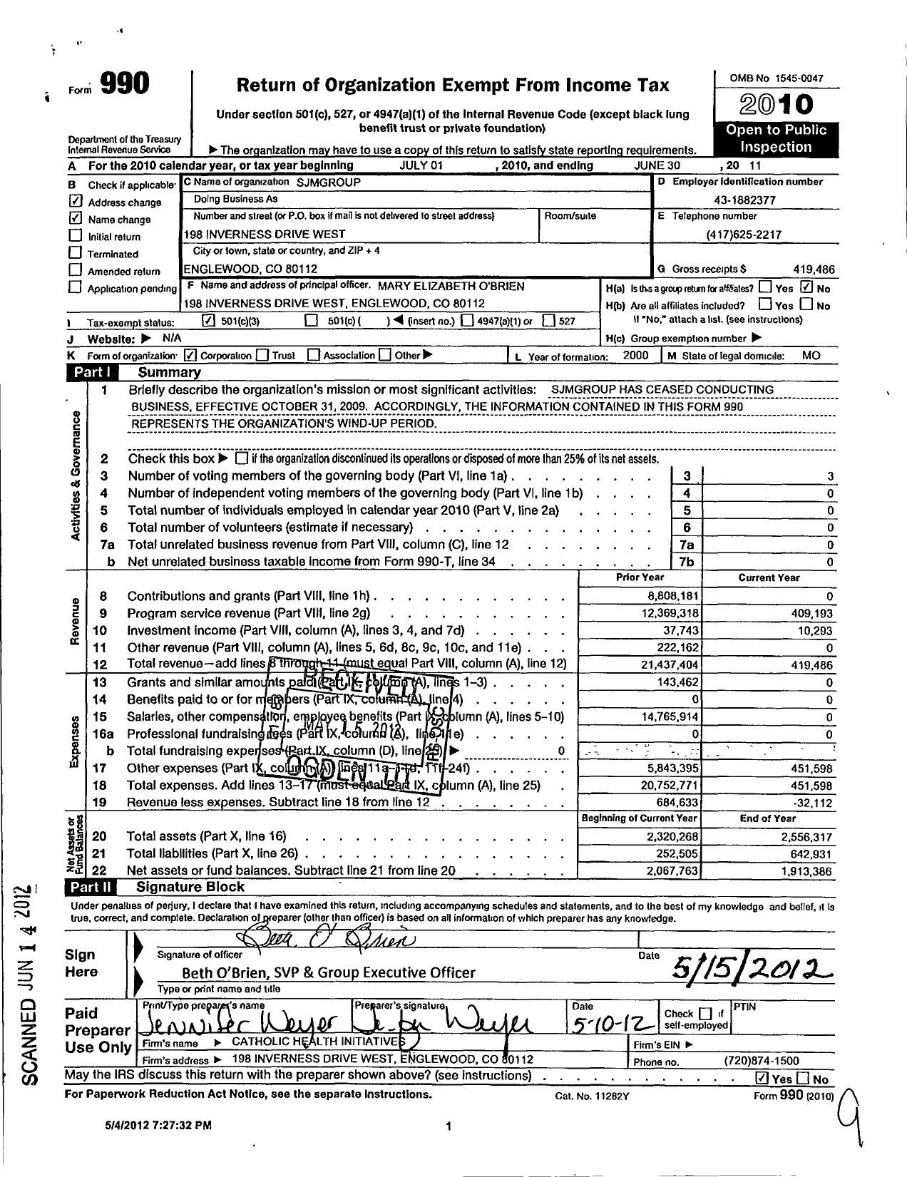 Image of first page of 2010 Form 990 for Franciscan Health Ventures