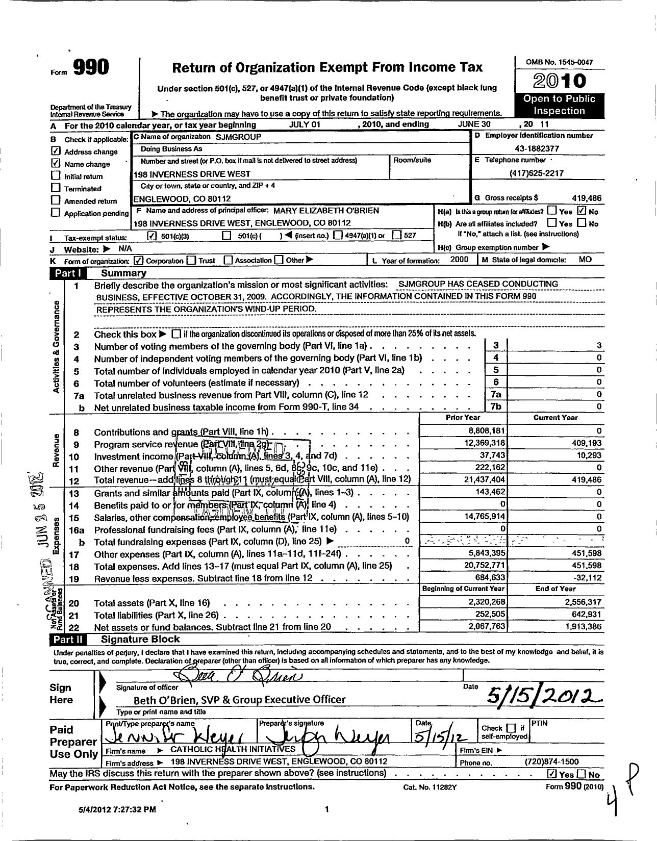 Image of first page of 2010 Form 990 for Franciscan Health Ventures