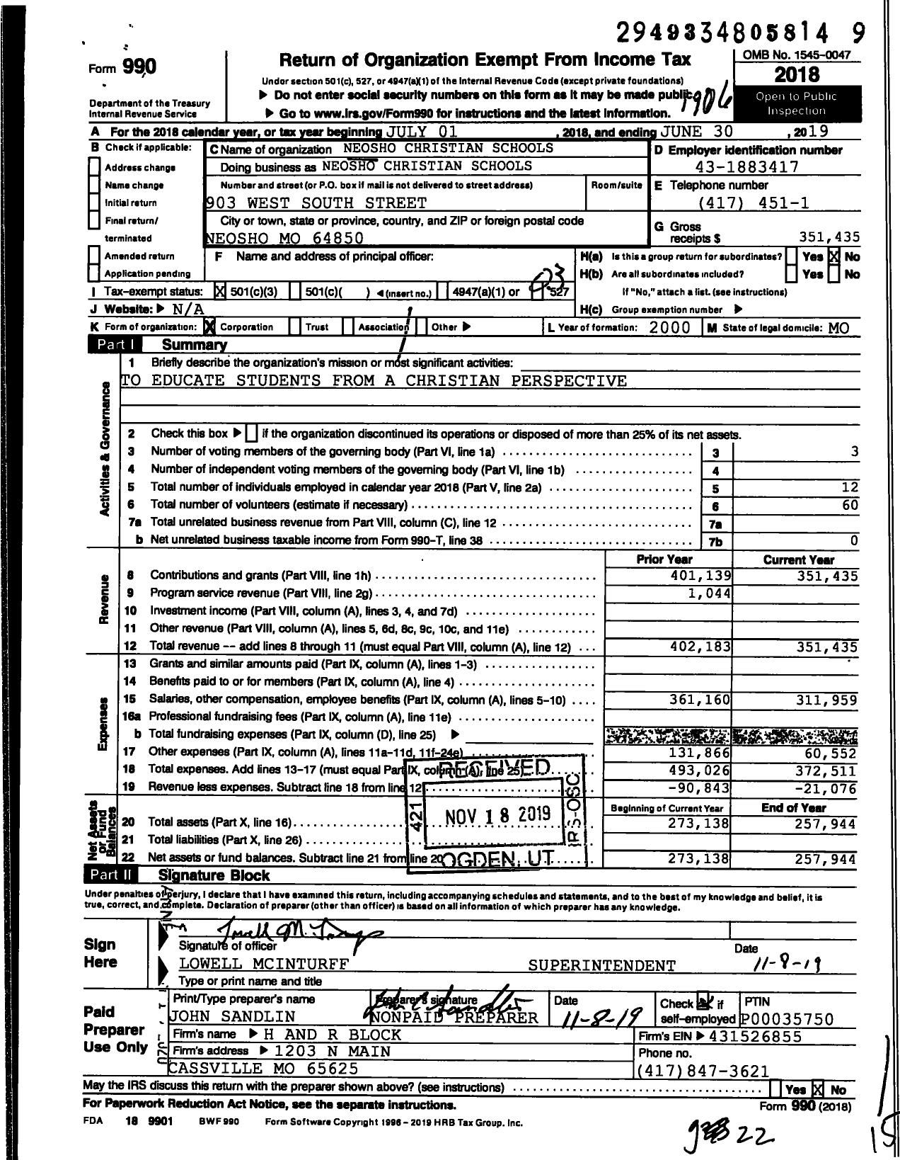 Image of first page of 2018 Form 990 for Neosho Christian Schools