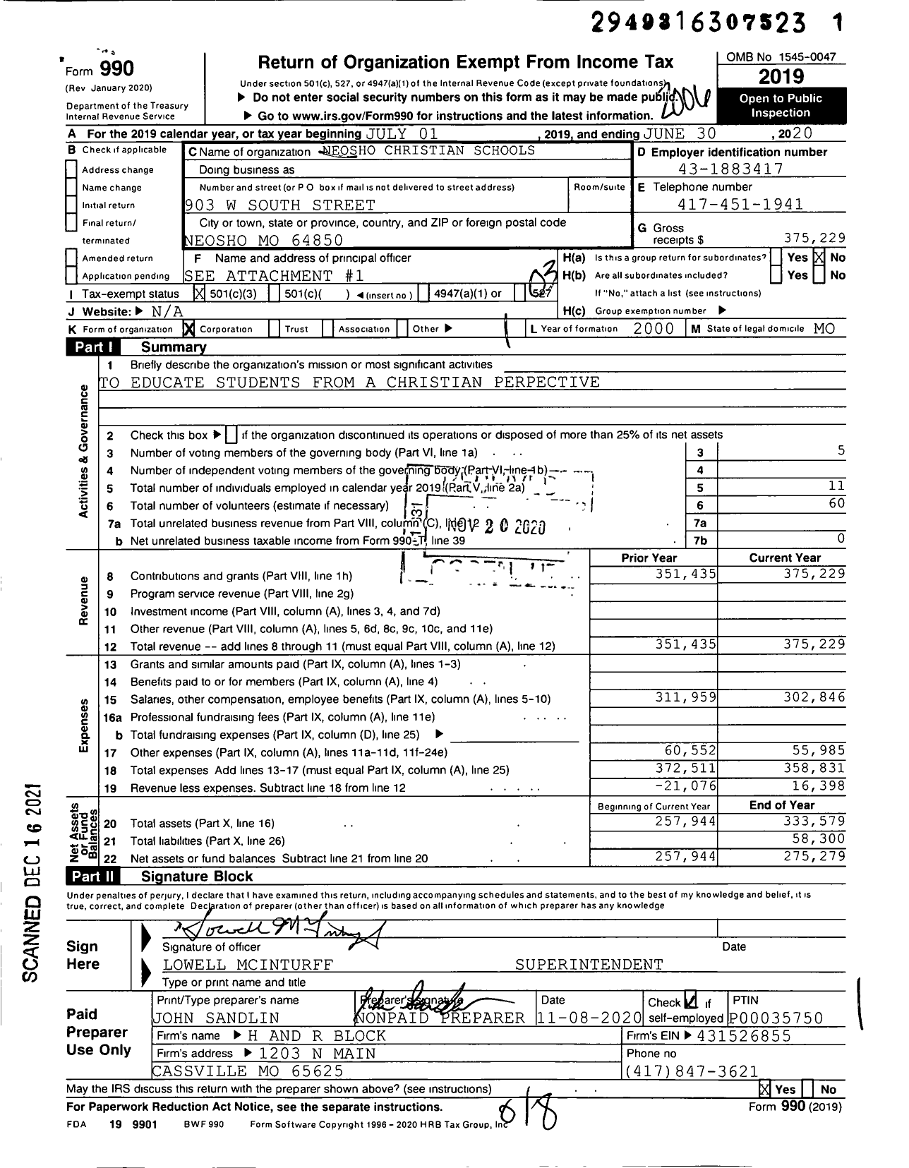 Image of first page of 2019 Form 990 for Neosho Christian Schools