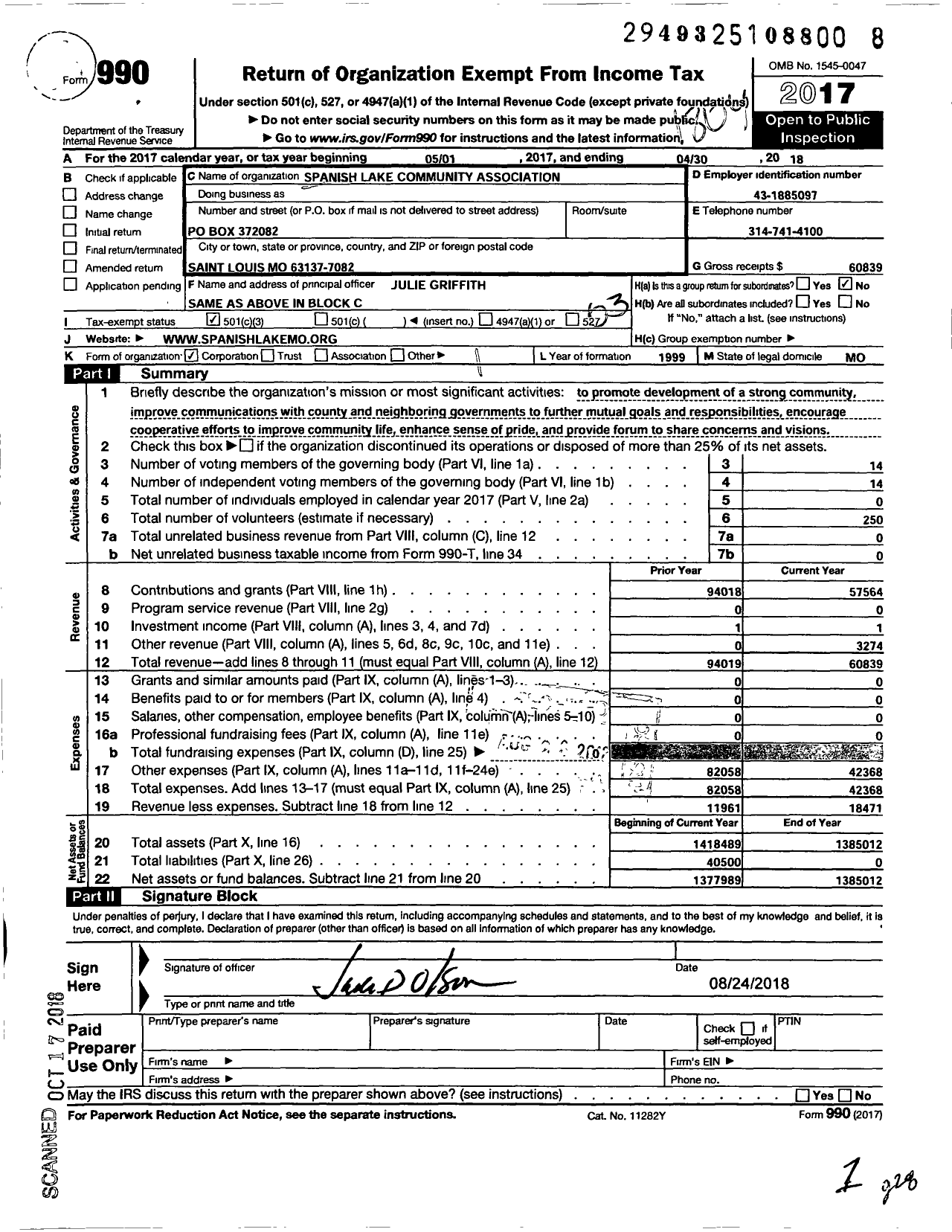 Image of first page of 2017 Form 990 for Spanish Lake Community Association