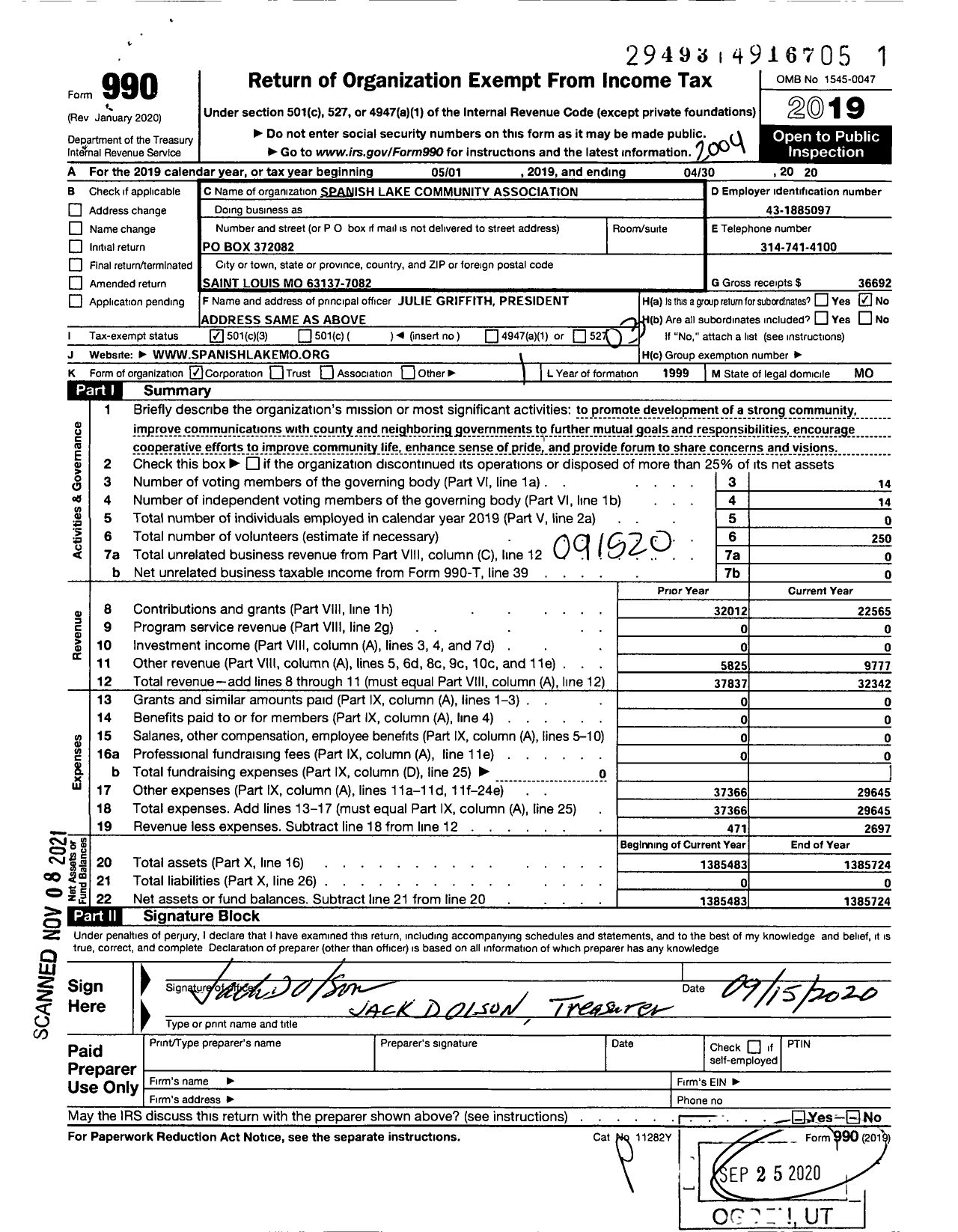 Image of first page of 2019 Form 990 for Spanish Lake Community Association