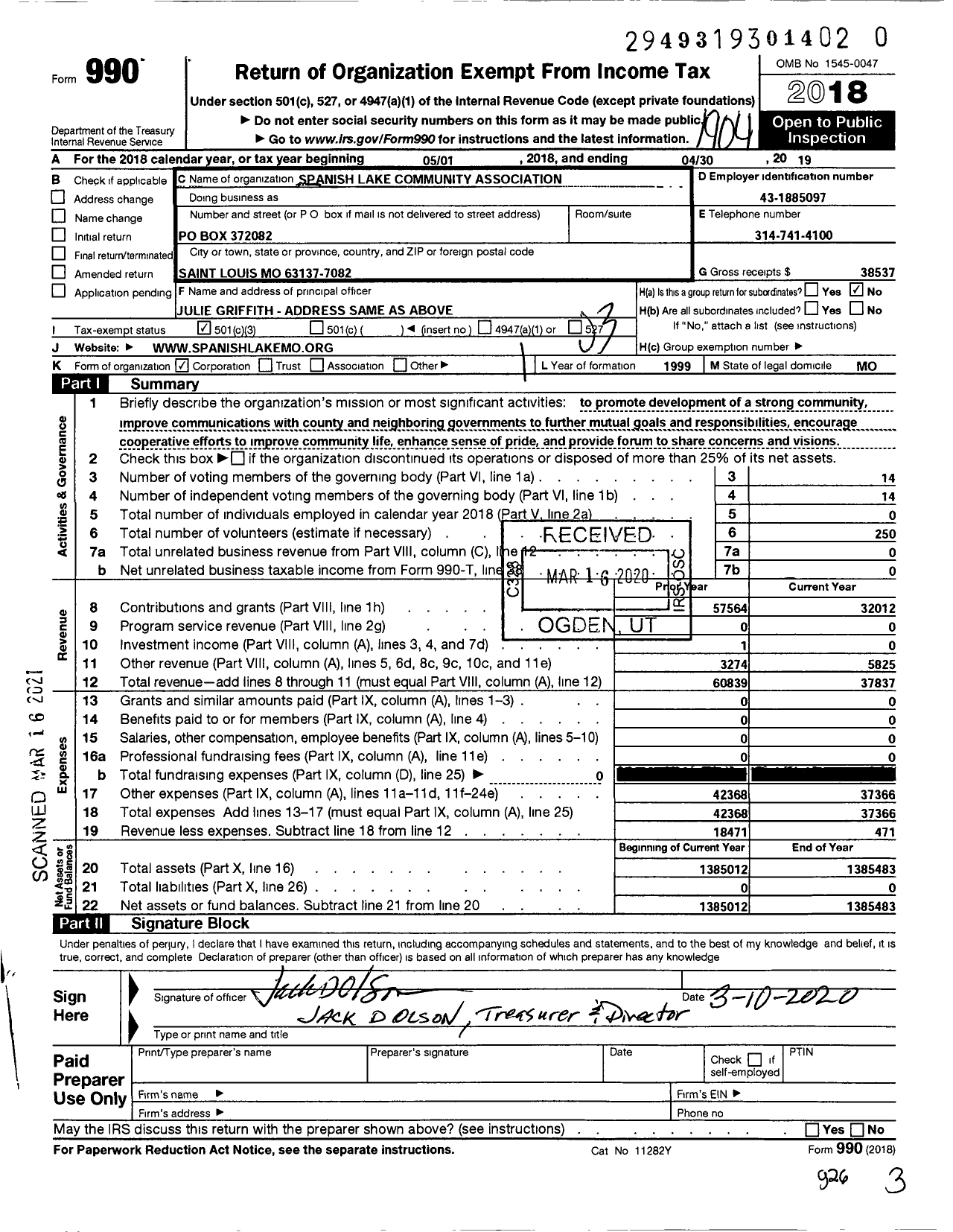 Image of first page of 2018 Form 990 for Spanish Lake Community Association