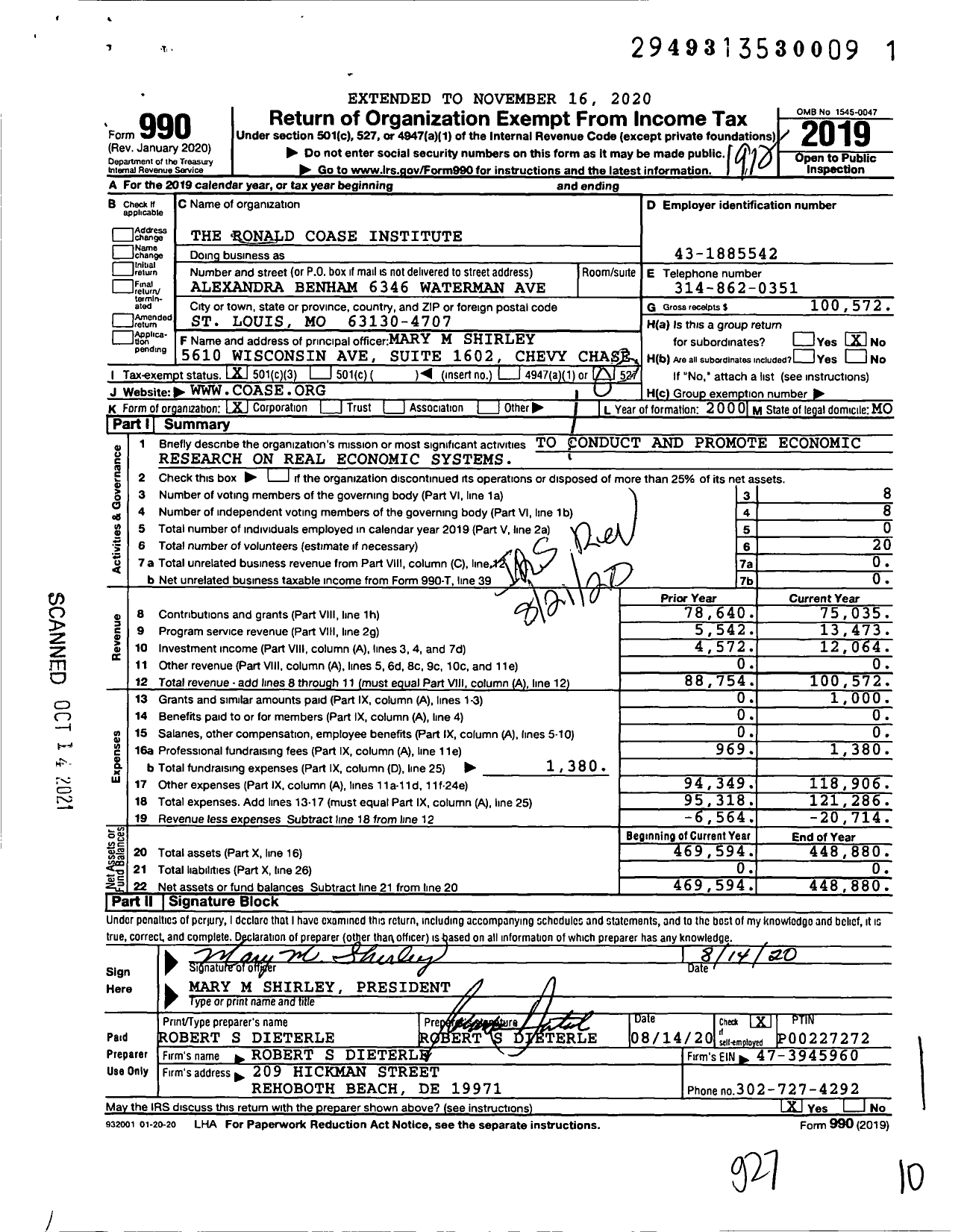 Image of first page of 2019 Form 990 for The Ronald Coase Institute