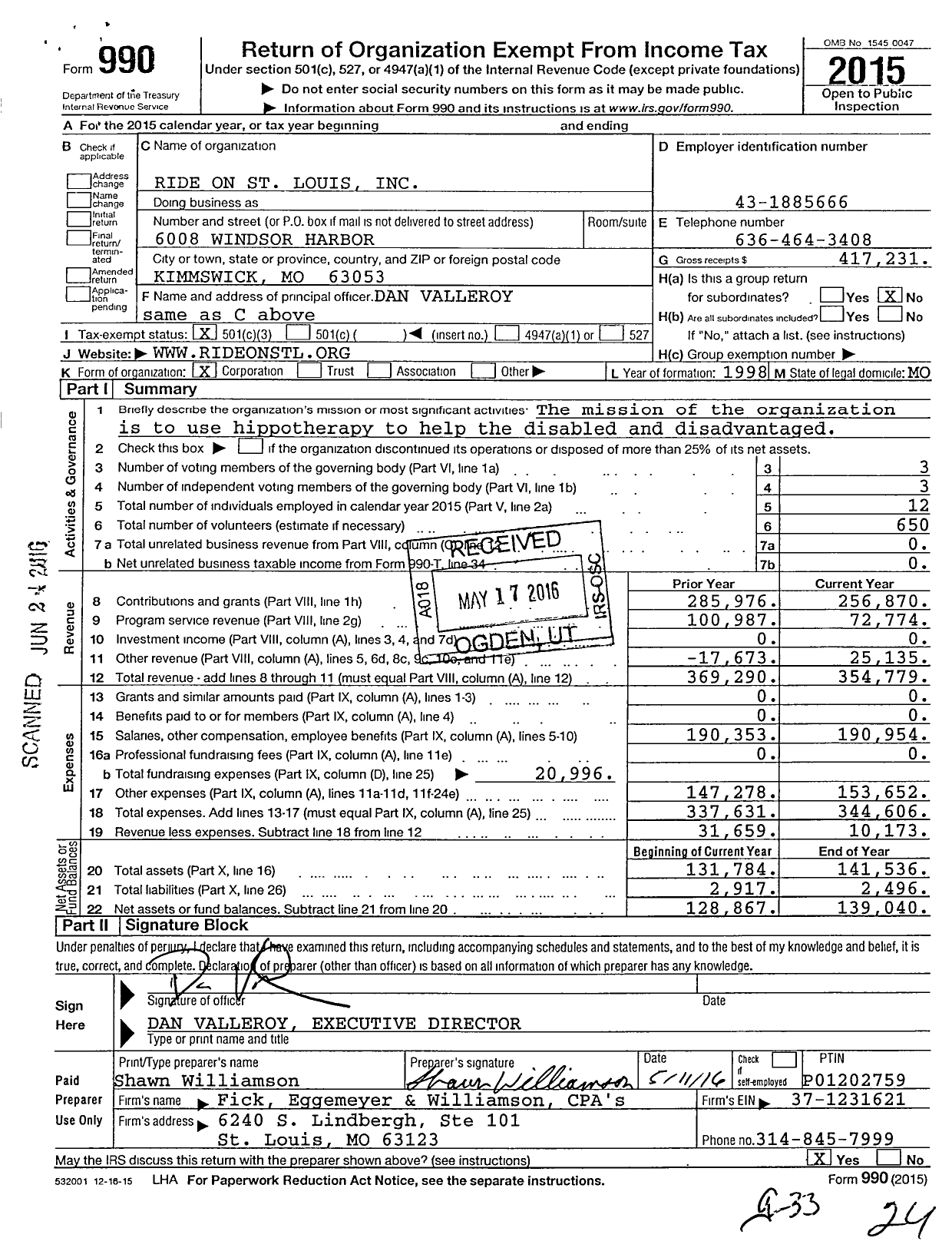 Image of first page of 2015 Form 990 for Ride on St Louis