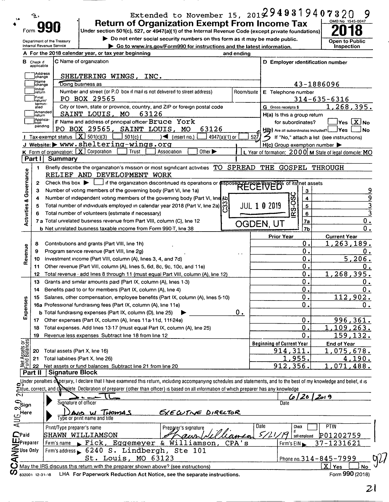 Image of first page of 2018 Form 990 for Sheltering Wings