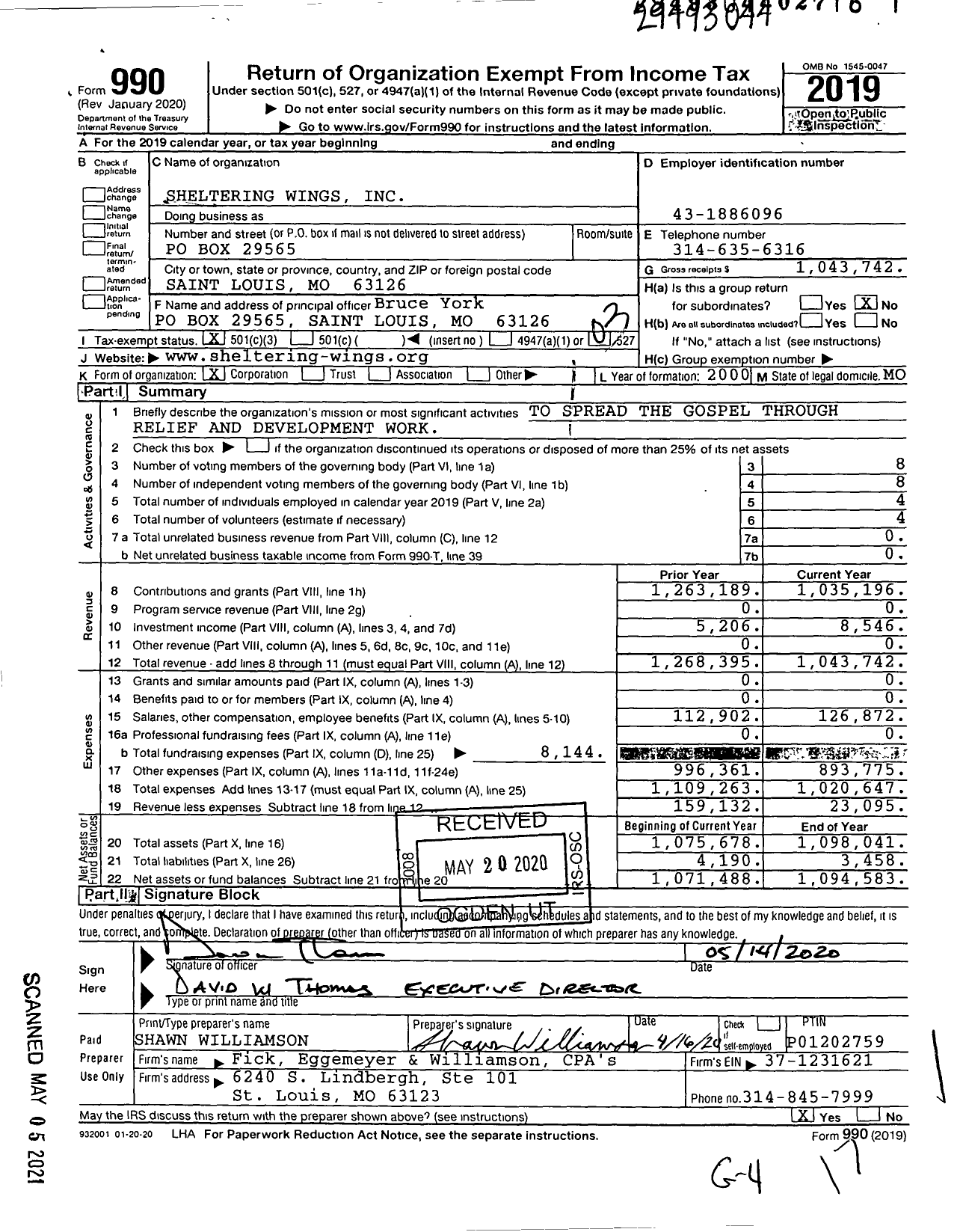 Image of first page of 2019 Form 990 for Sheltering Wings