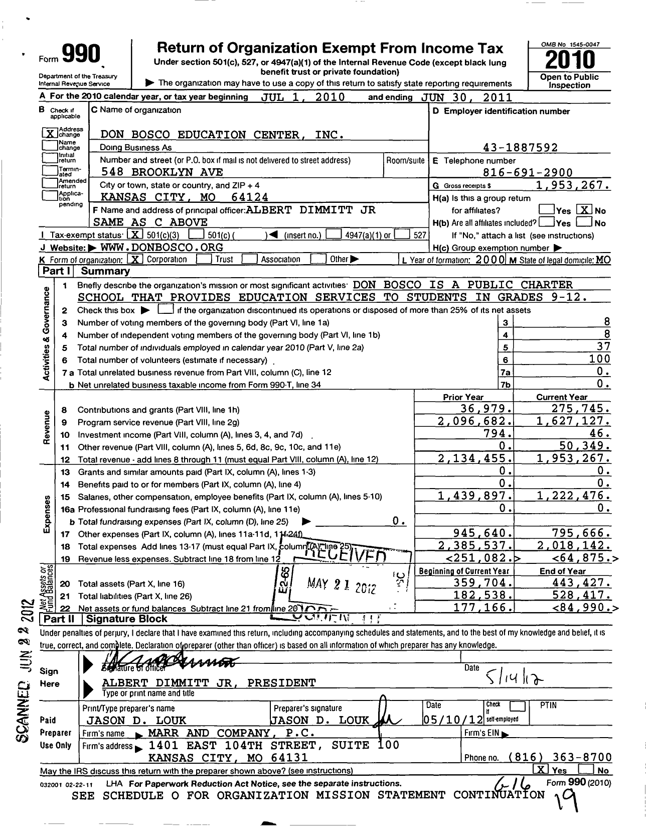 Image of first page of 2010 Form 990 for Don Bosco Education Center