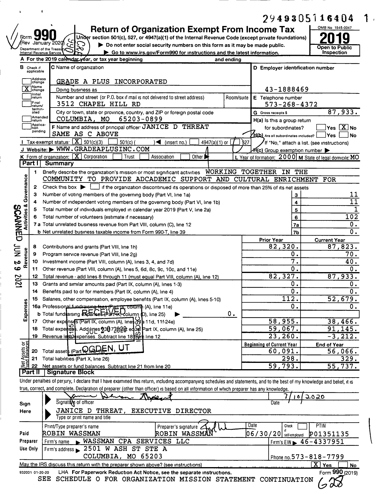 Image of first page of 2019 Form 990 for Grade A Plus Incorporated