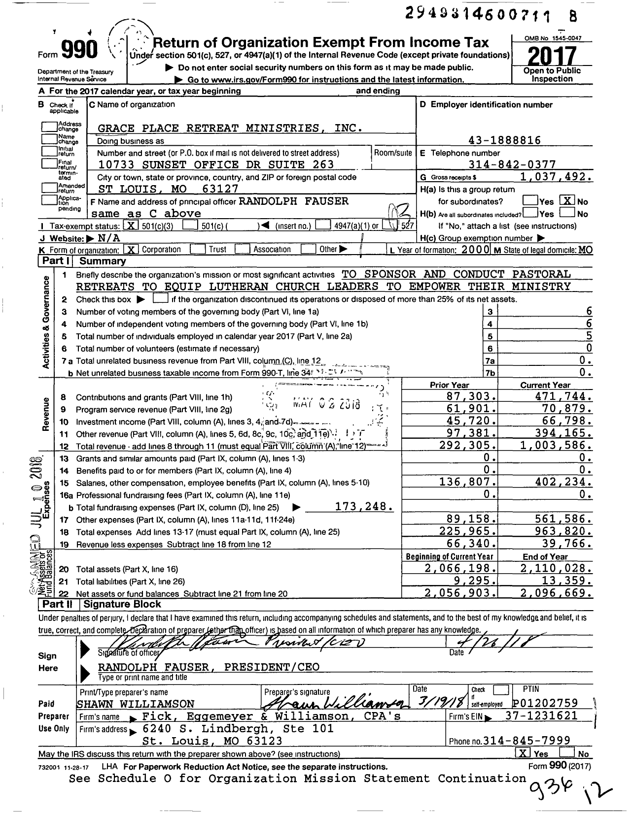 Image of first page of 2017 Form 990 for Grace Place Retreat Ministries