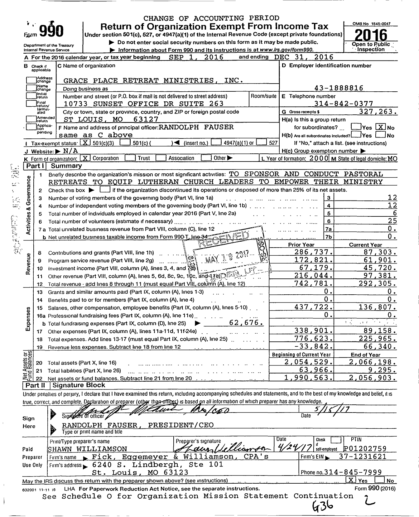 Image of first page of 2016 Form 990 for Grace Place Retreat Ministries