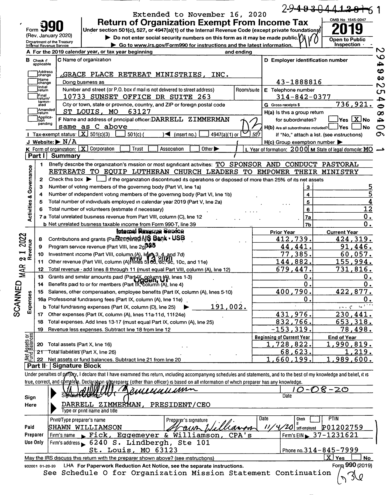 Image of first page of 2019 Form 990 for Grace Place Retreat Ministries