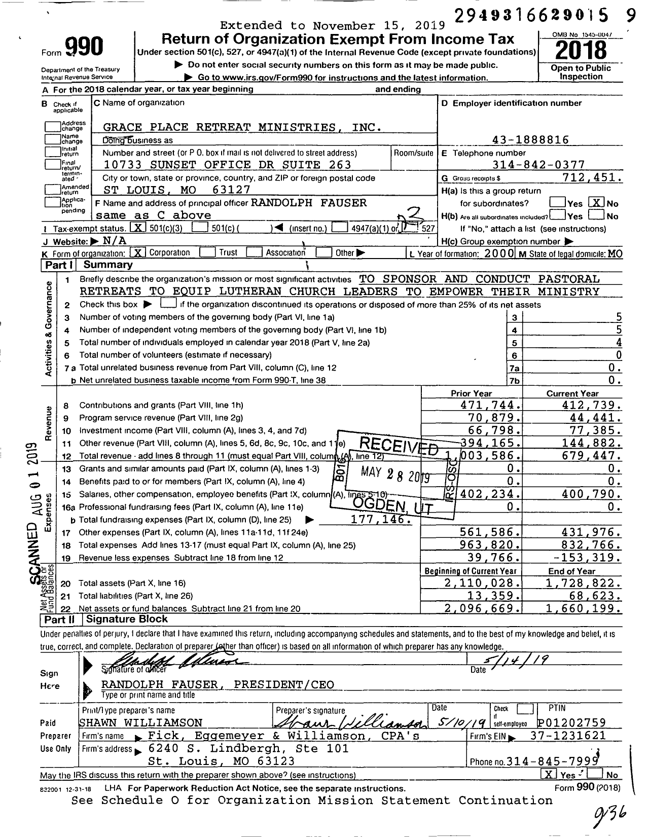 Image of first page of 2018 Form 990 for Grace Place Retreat Ministries