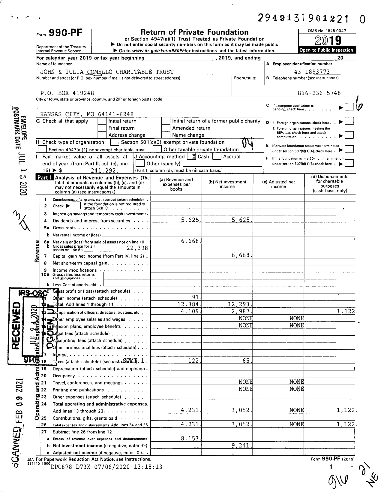 Image of first page of 2019 Form 990PF for John and Julia Comello Charitable Trust