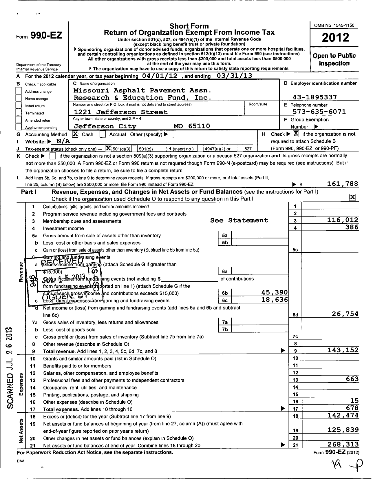 Image of first page of 2012 Form 990EZ for Missouri Asphalt Pavement Association Research and Education Fund