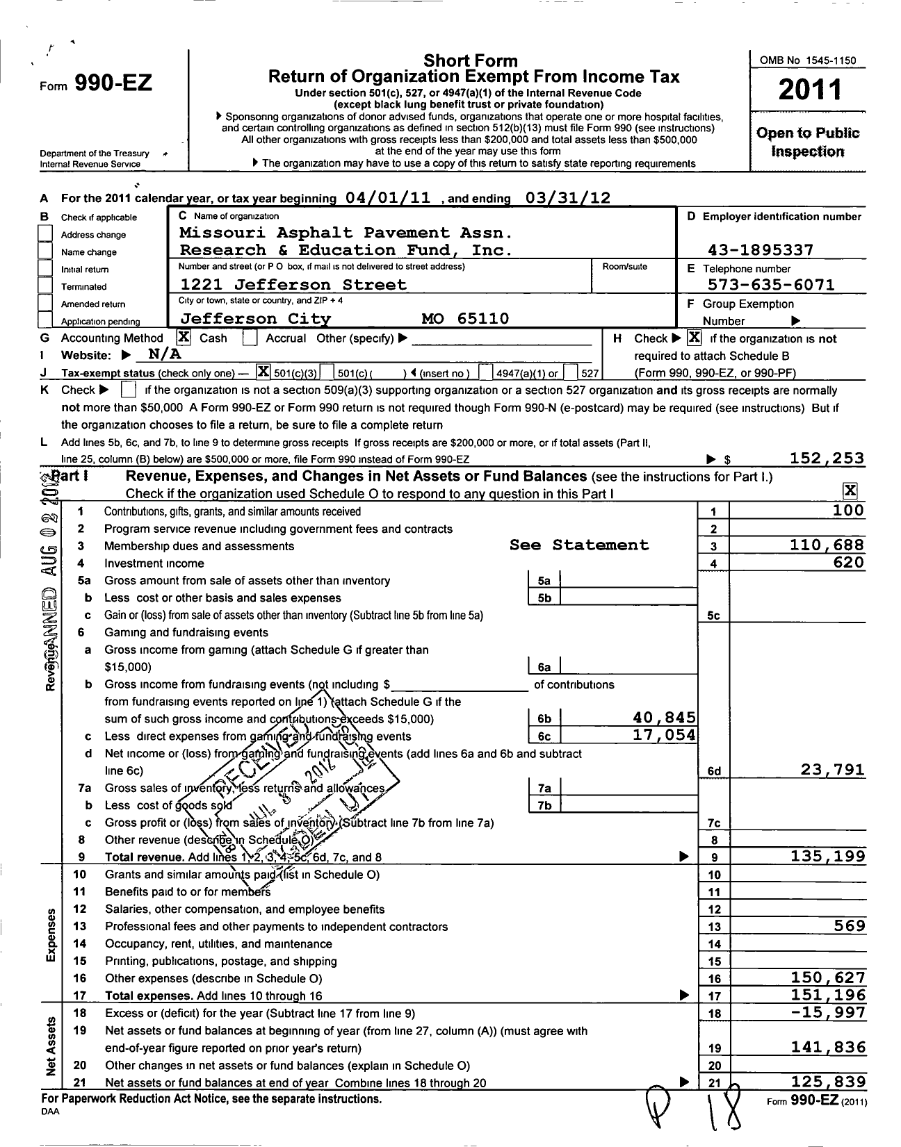 Image of first page of 2011 Form 990EZ for Missouri Asphalt Pavement Association Research and Education Fund