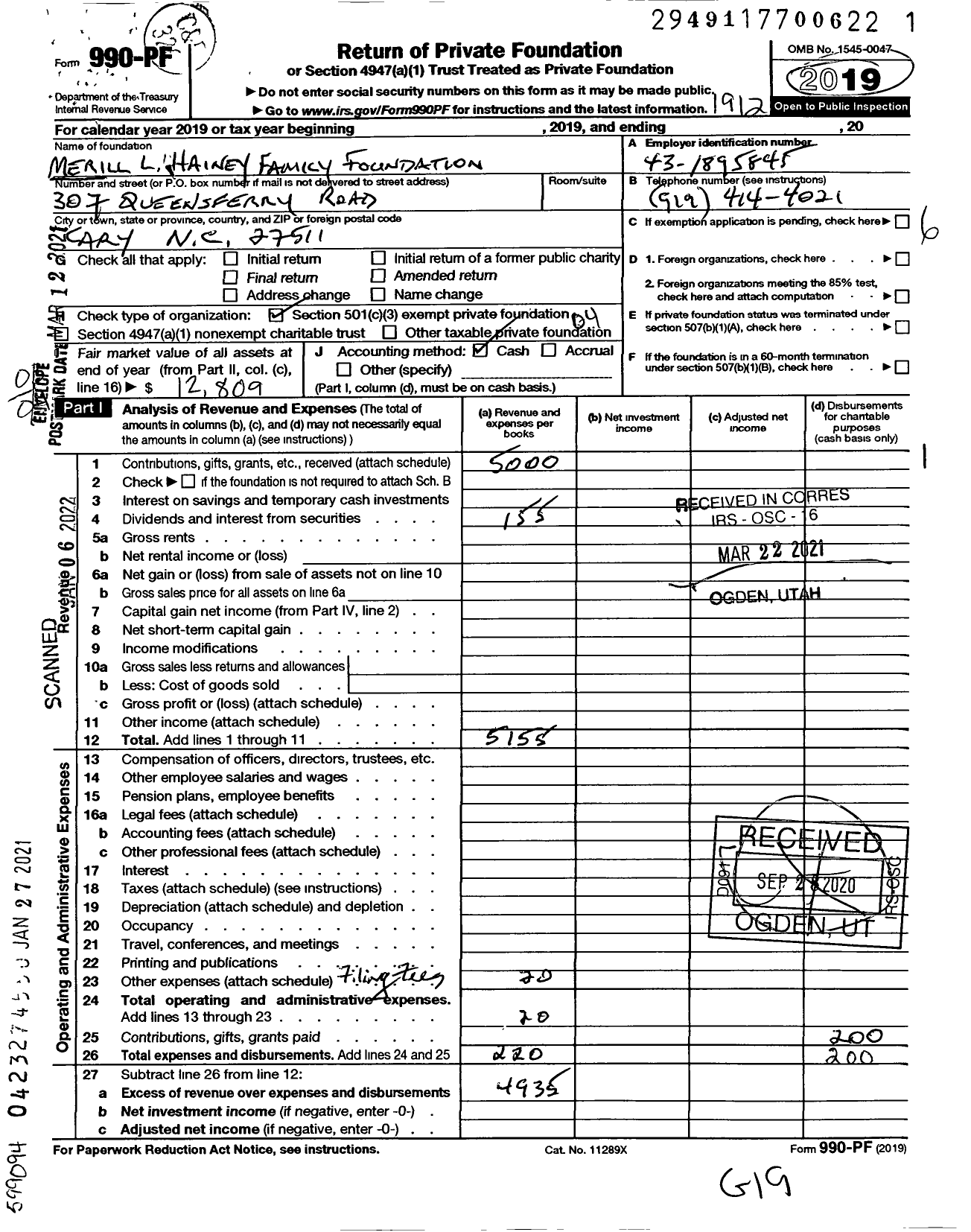 Image of first page of 2019 Form 990PF for Merill L Hainey Family Foundation