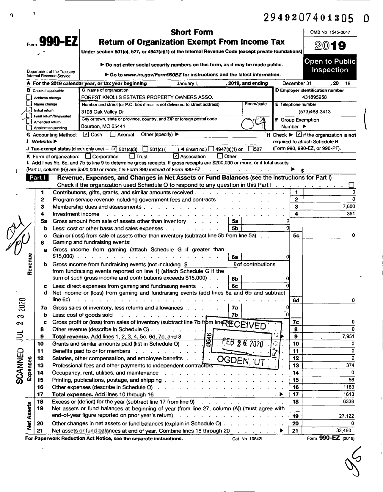 Image of first page of 2019 Form 990EO for Forest Knolls Estates Property Owners Association