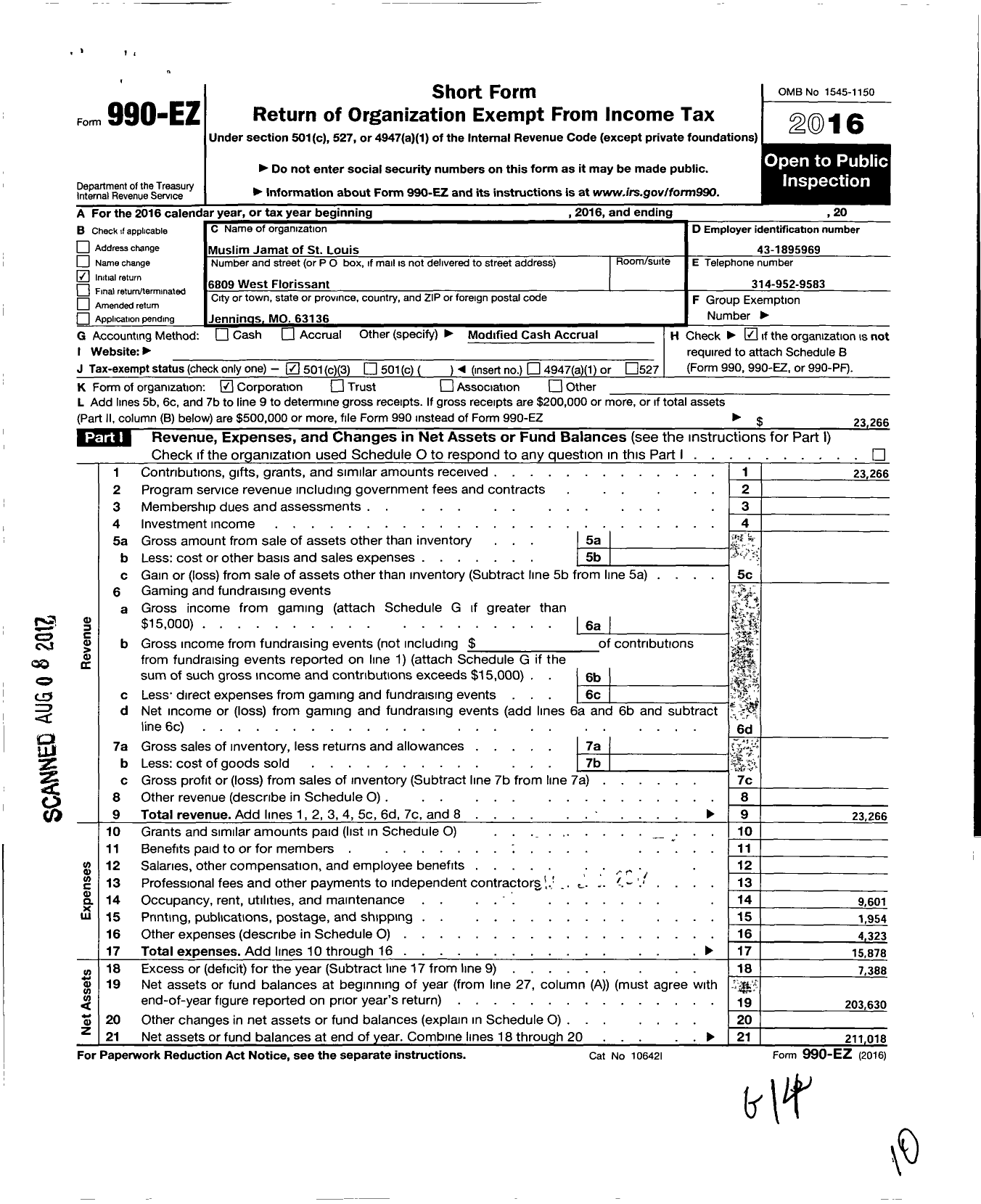 Image of first page of 2016 Form 990EZ for West Florissant Masjid