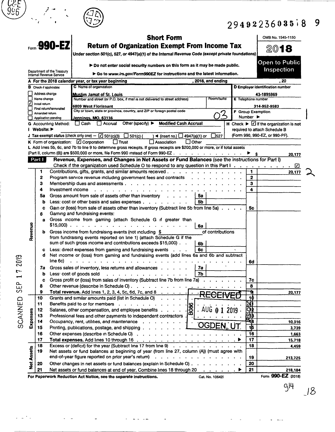 Image of first page of 2018 Form 990EZ for West Florissant Masjid