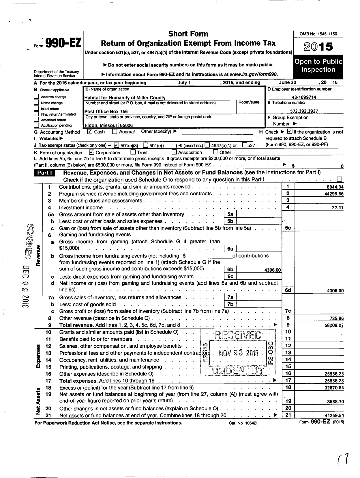 Image of first page of 2015 Form 990EZ for Fuller Center for Housing of Miller County