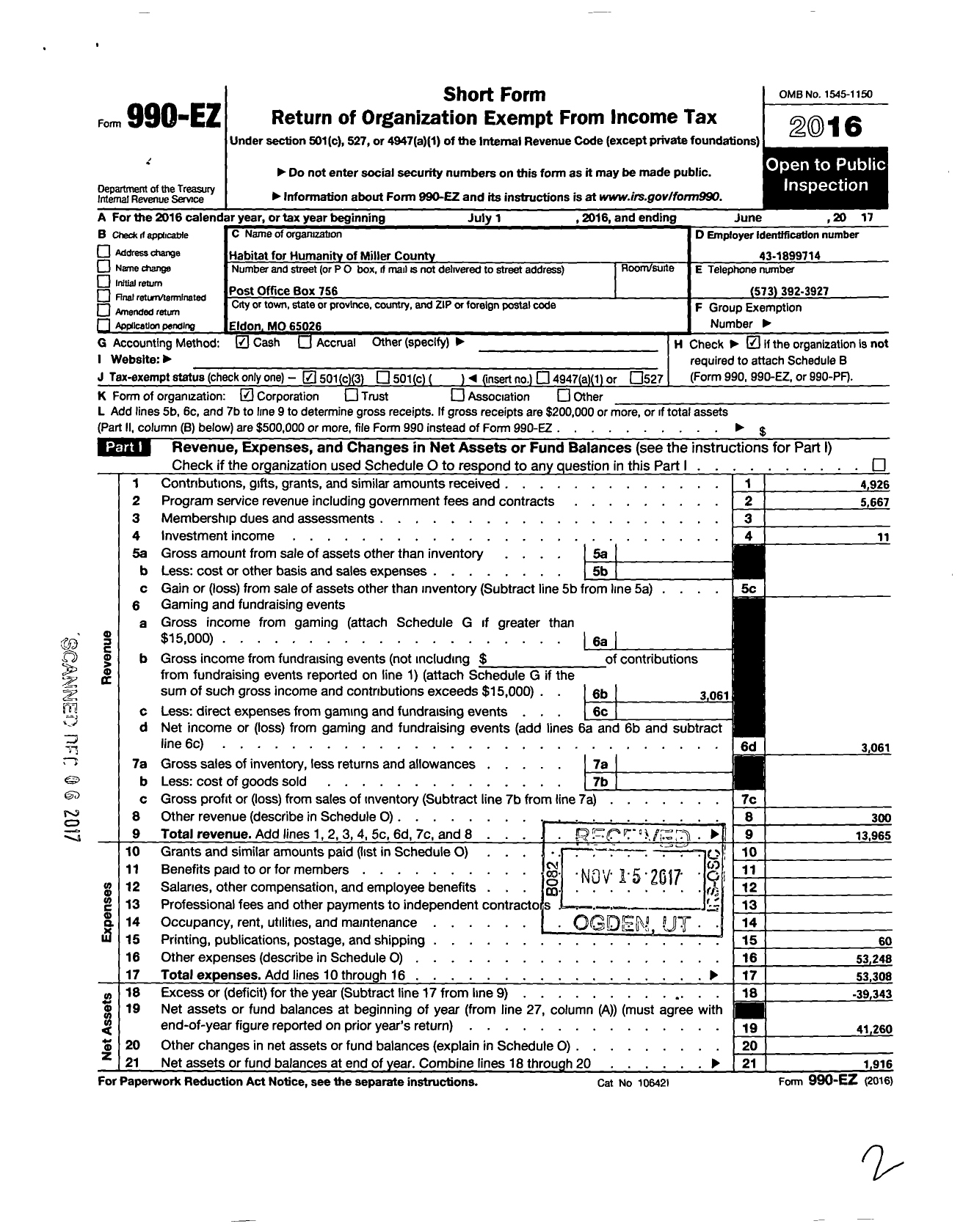 Image of first page of 2016 Form 990EZ for Fuller Center for Housing of Miller County Missouri