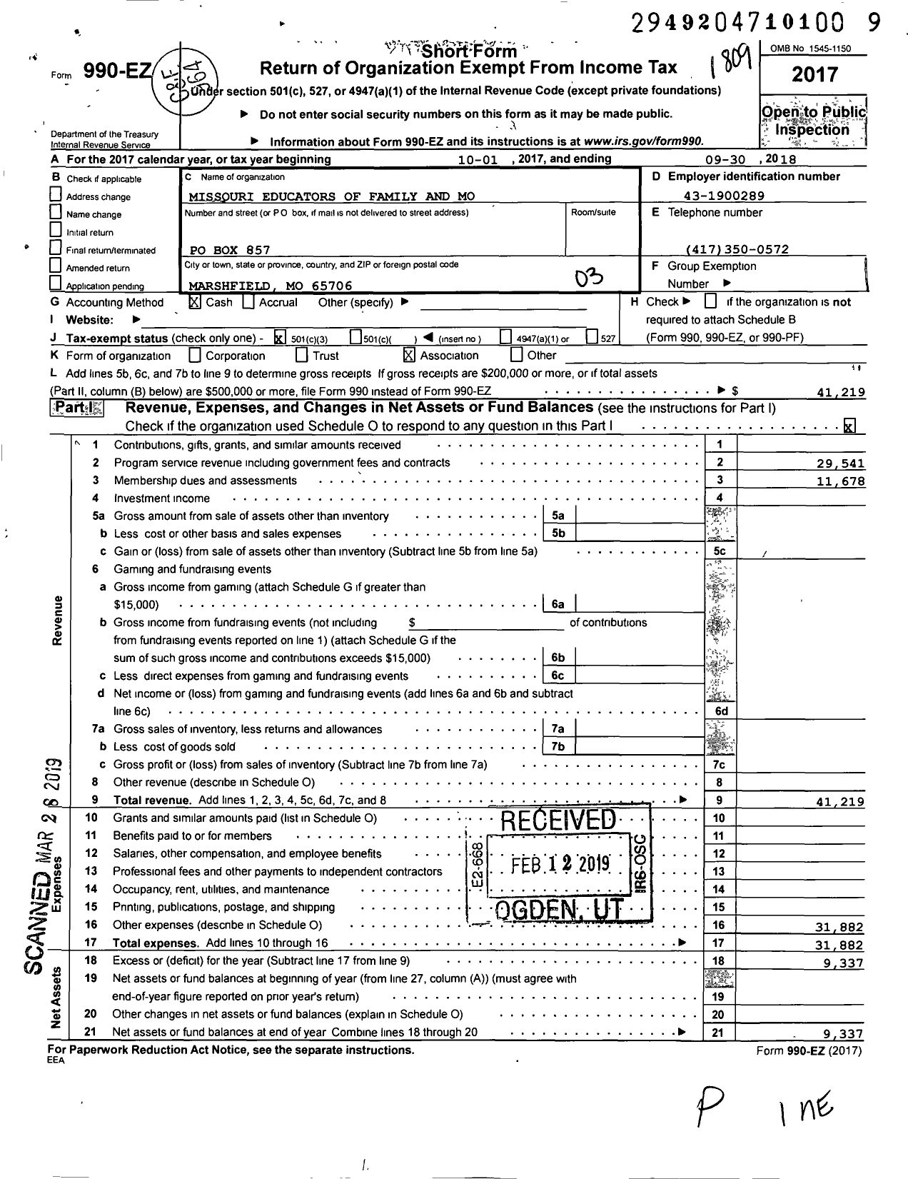 Image of first page of 2017 Form 990EZ for Missouri Educators of Family and Mo