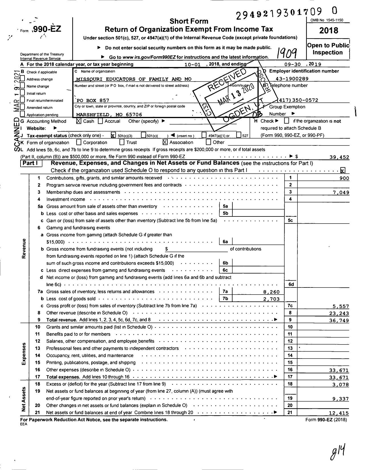 Image of first page of 2018 Form 990EZ for Missouri Educators of Family and Mo