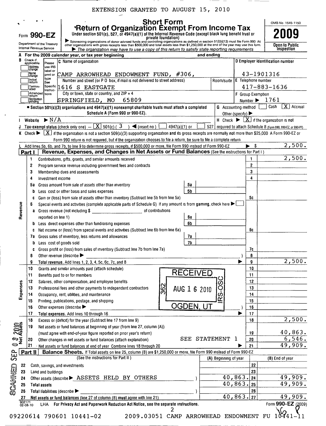 Image of first page of 2009 Form 990EZ for Boy Scouts of America - 306 Ozark Trails Council Camparrowh