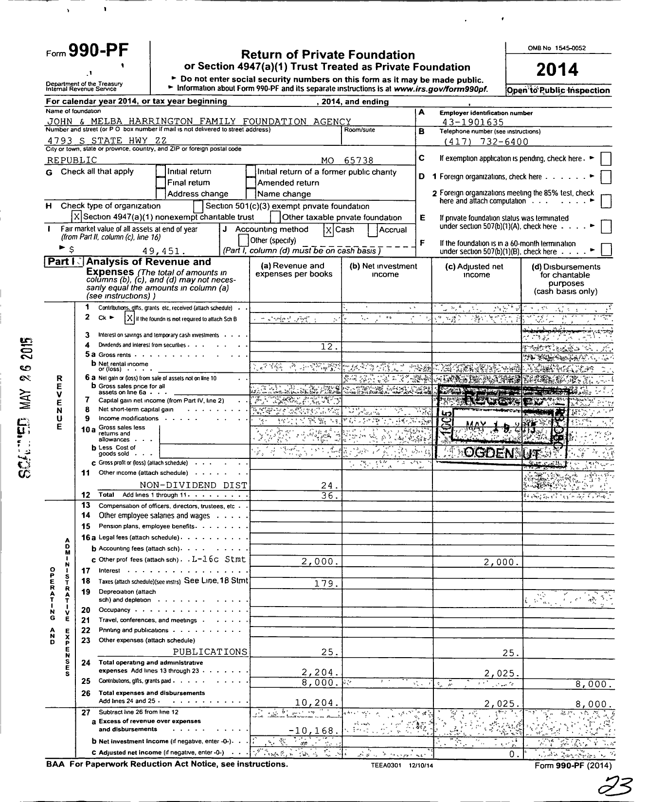 Image of first page of 2014 Form 990PF for John and Melba Harrington Family Foundation Agency