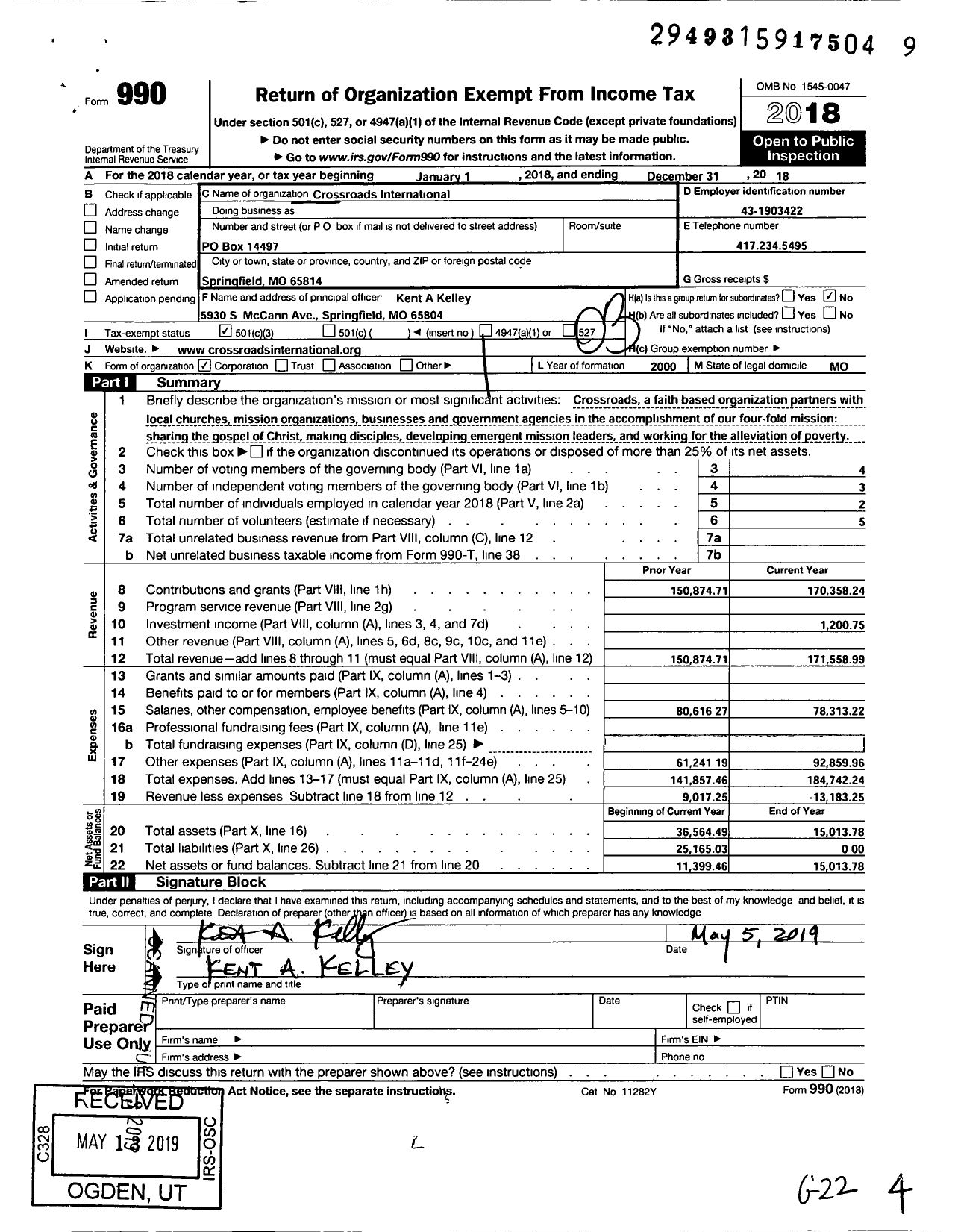 Image of first page of 2018 Form 990 for Crossroads International