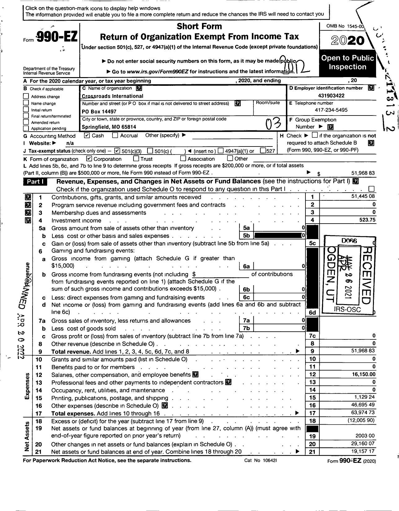 Image of first page of 2020 Form 990EZ for Crossroads International