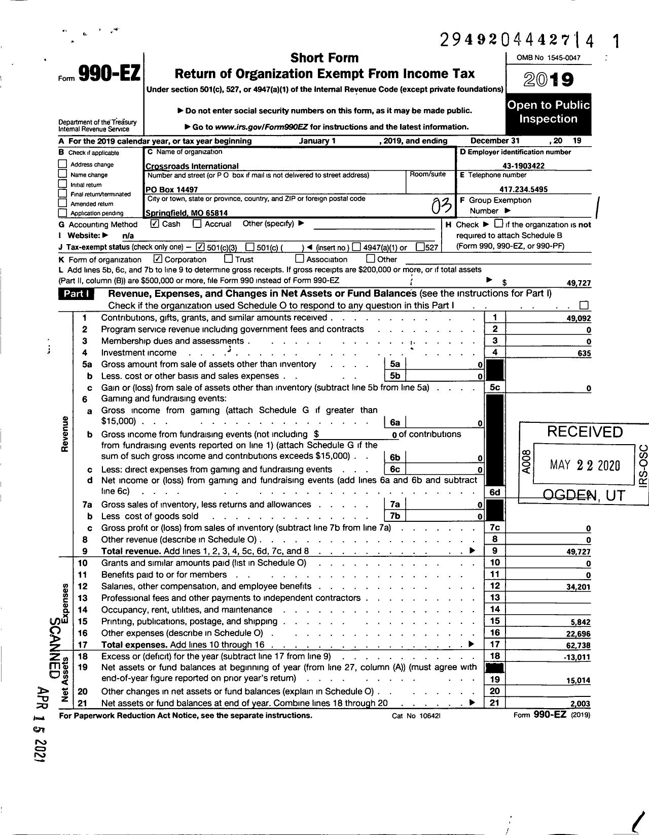 Image of first page of 2019 Form 990EZ for Crossroads International