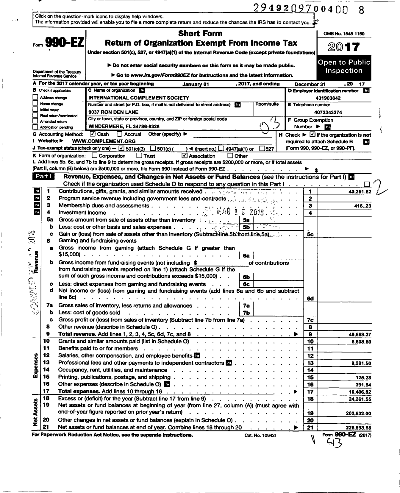 Image of first page of 2017 Form 990EZ for International Complement Society