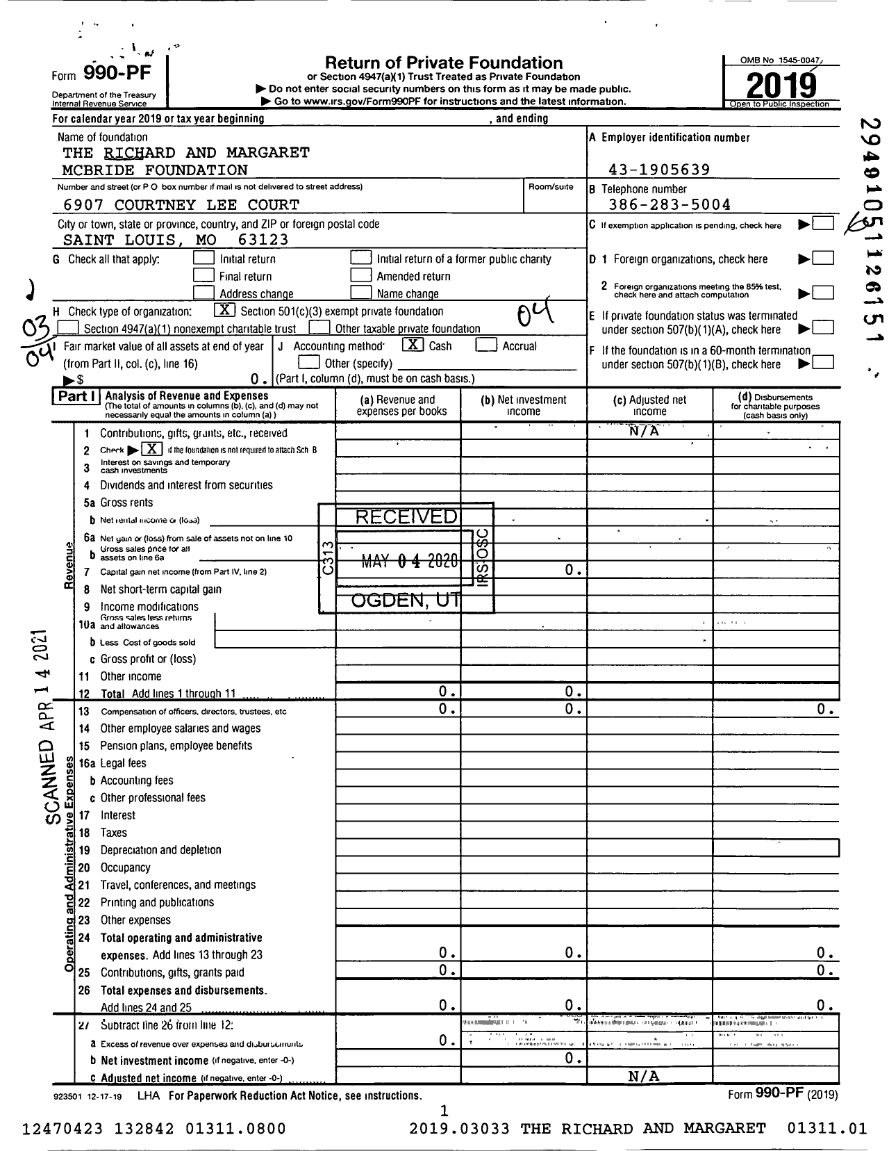 Image of first page of 2019 Form 990PF for The Richard and Margaret Mcbride Foundation