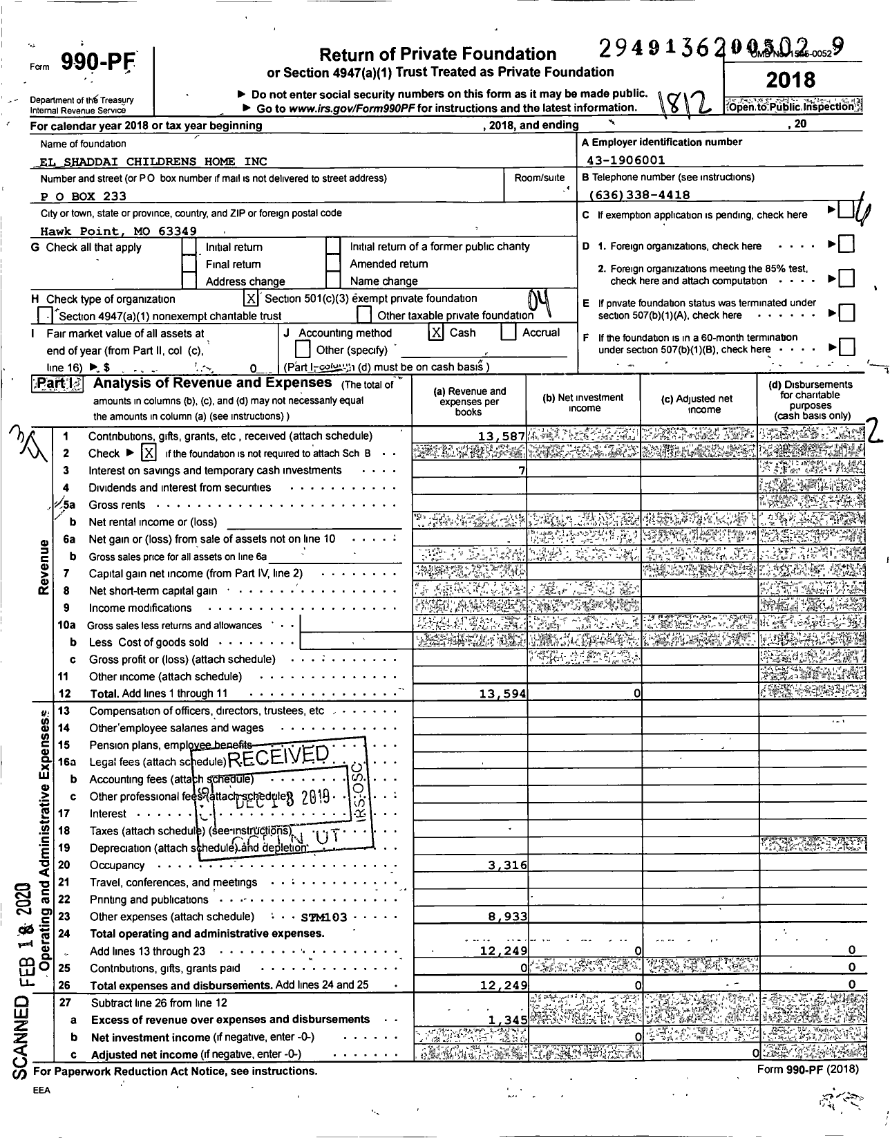 Image of first page of 2018 Form 990PF for El Shaddai Childrens Home