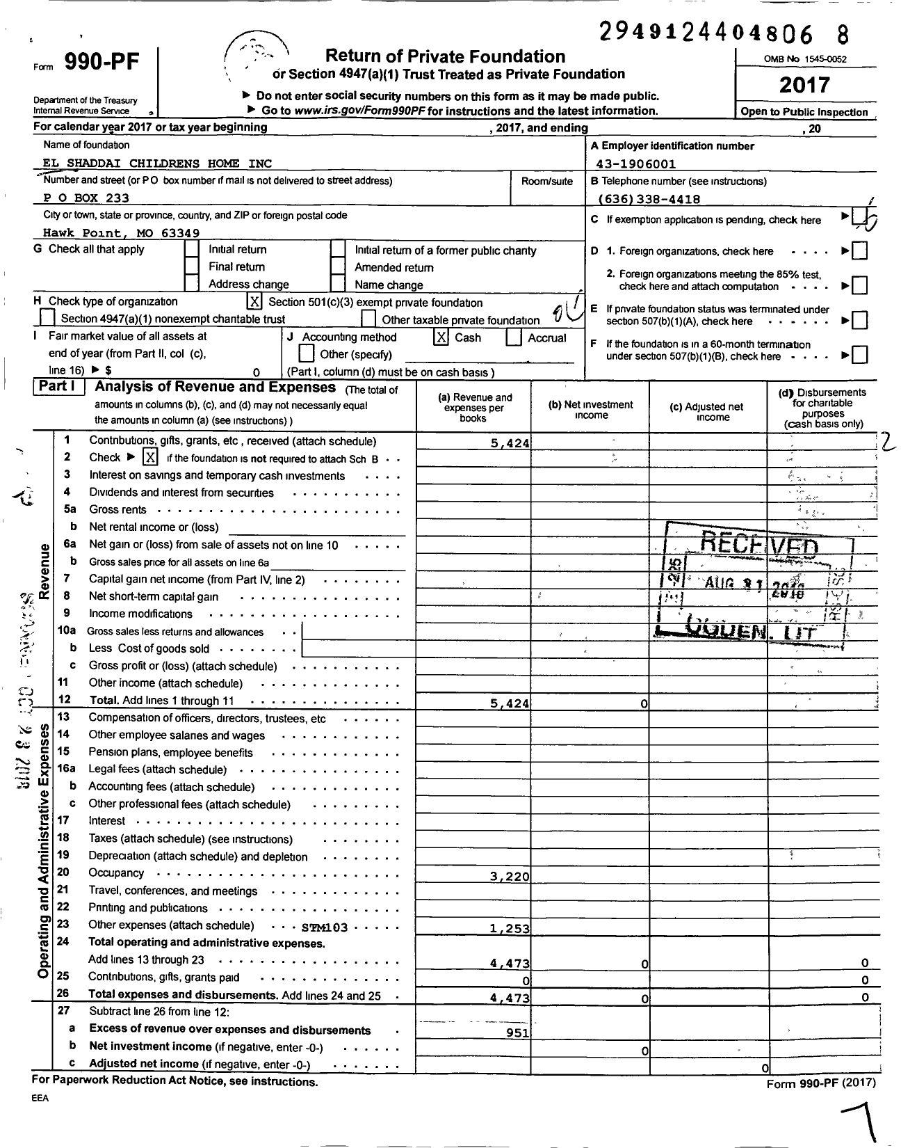 Image of first page of 2017 Form 990PF for El Shaddai Childrens Home