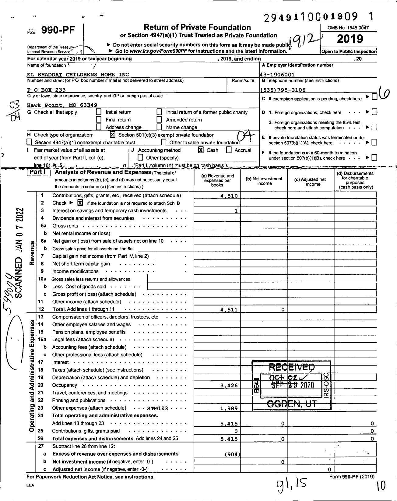 Image of first page of 2019 Form 990PF for El Shaddai Childrens Home