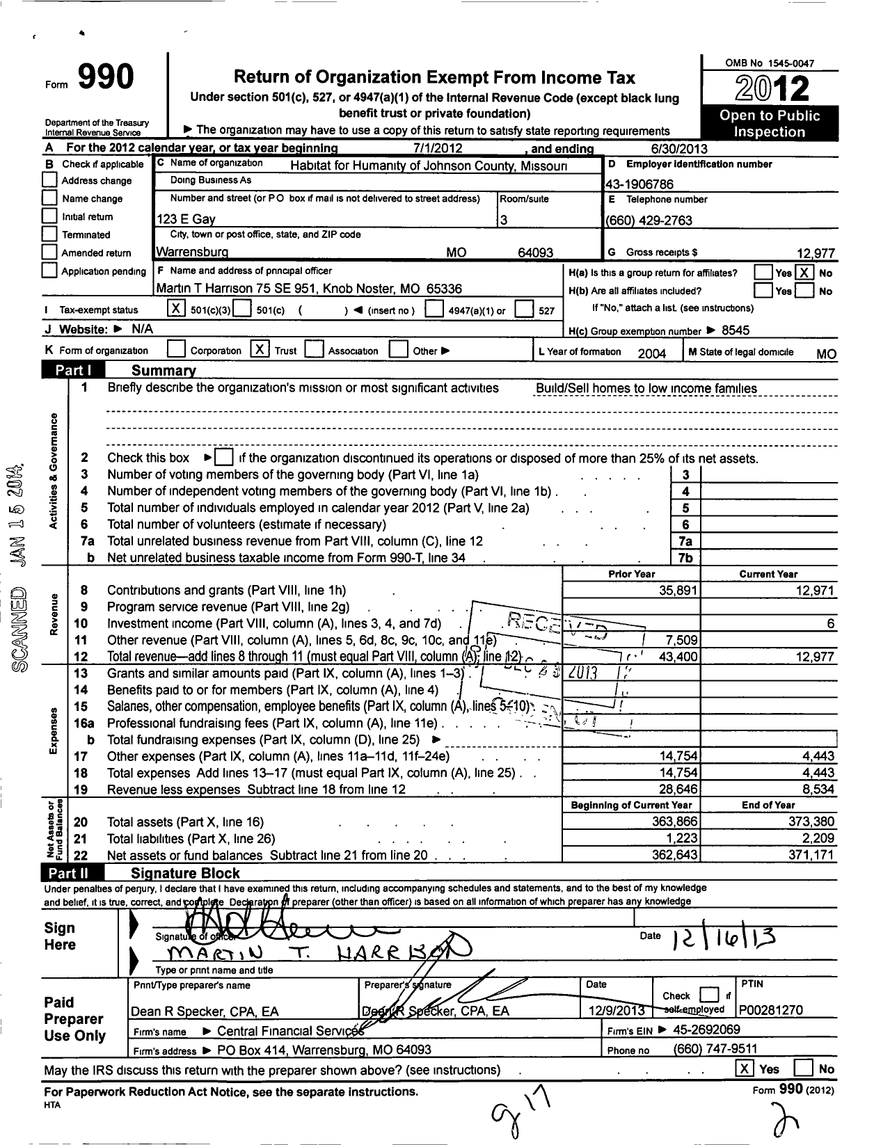 Image of first page of 2012 Form 990 for Fuller Center for Housing of Johnson County Missouri