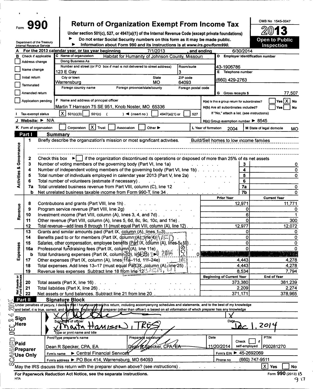 Image of first page of 2013 Form 990 for Fuller Center for Housing of Johnson County Missouri