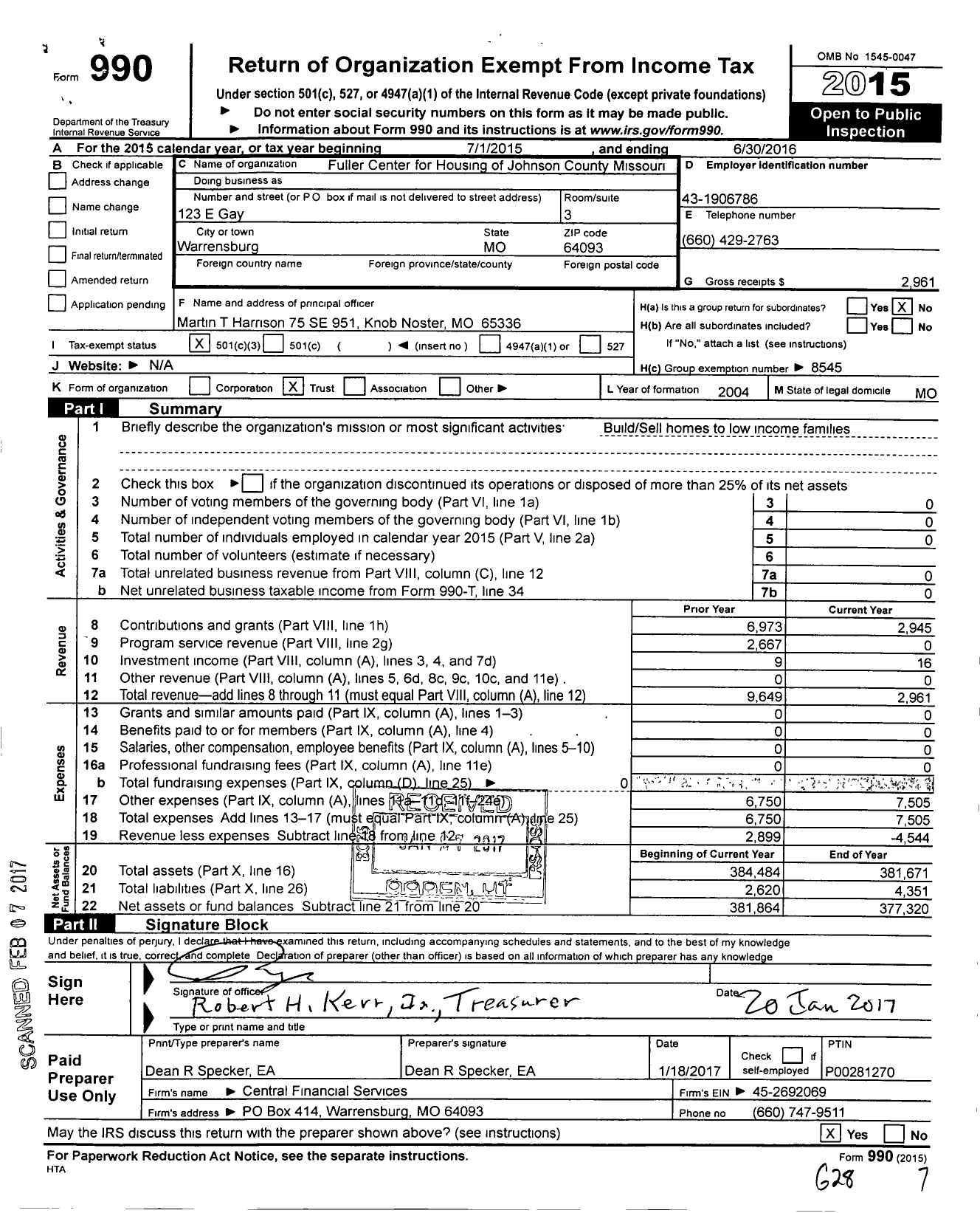 Image of first page of 2015 Form 990 for Fuller Center for Housing of Johnson County Missouri