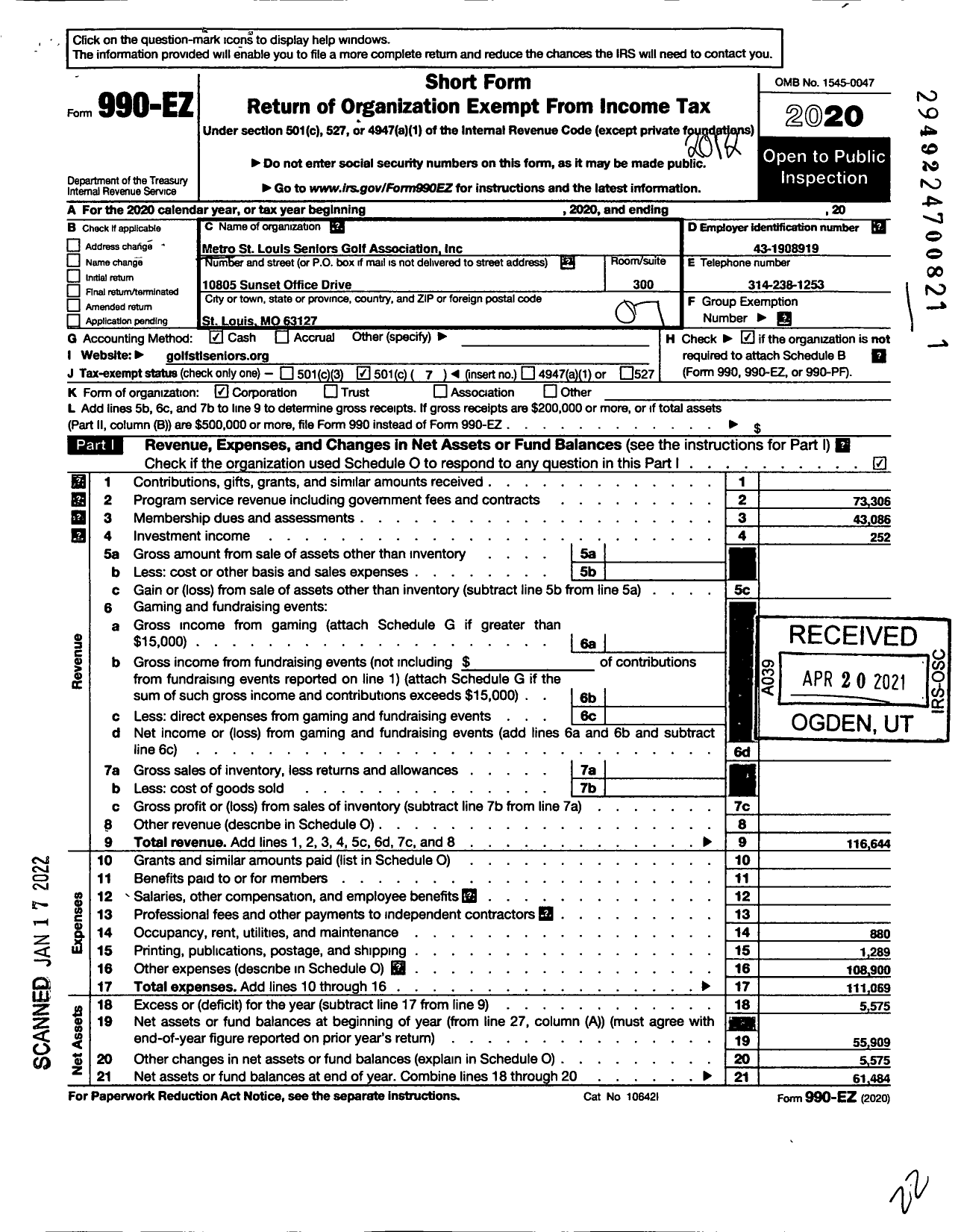 Image of first page of 2020 Form 990EO for Metro St Louis Seniors Golf Association