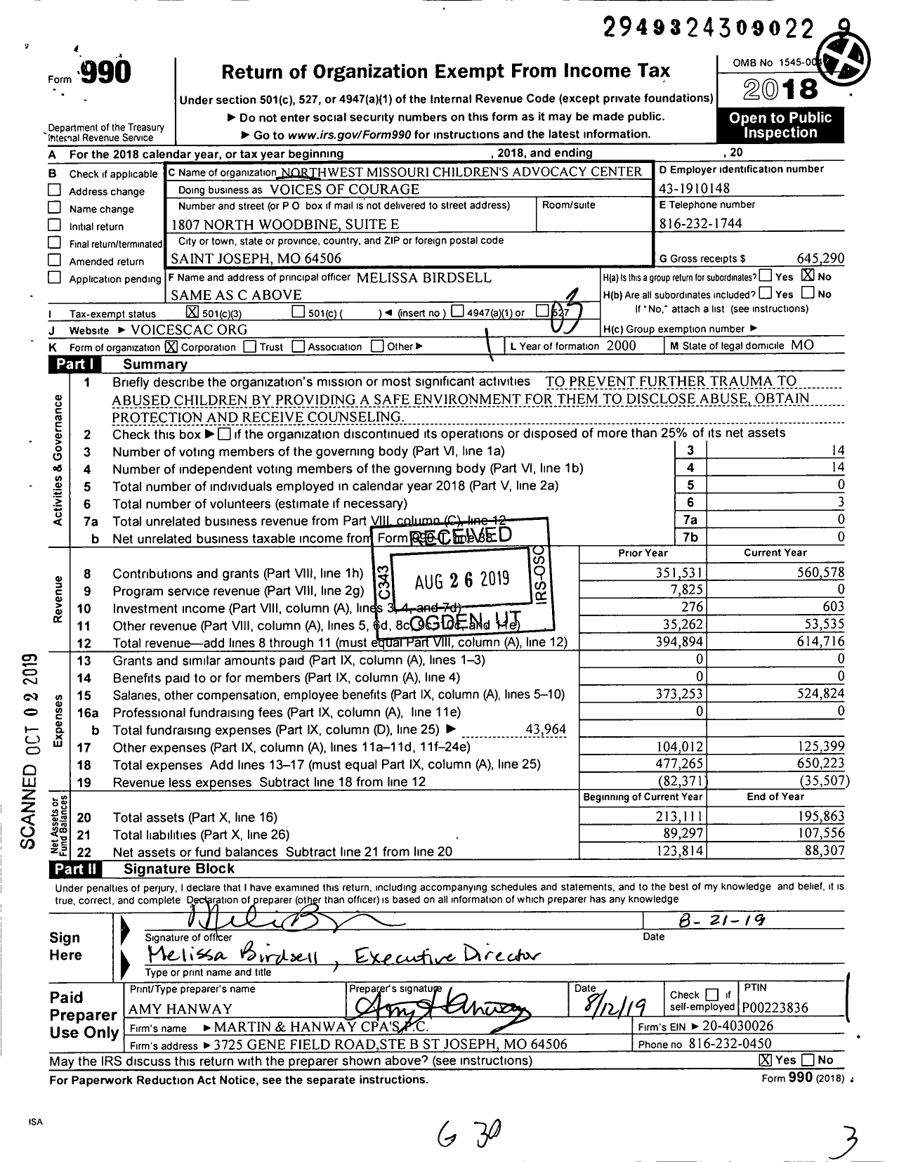 Image of first page of 2018 Form 990 for Voices of Courage