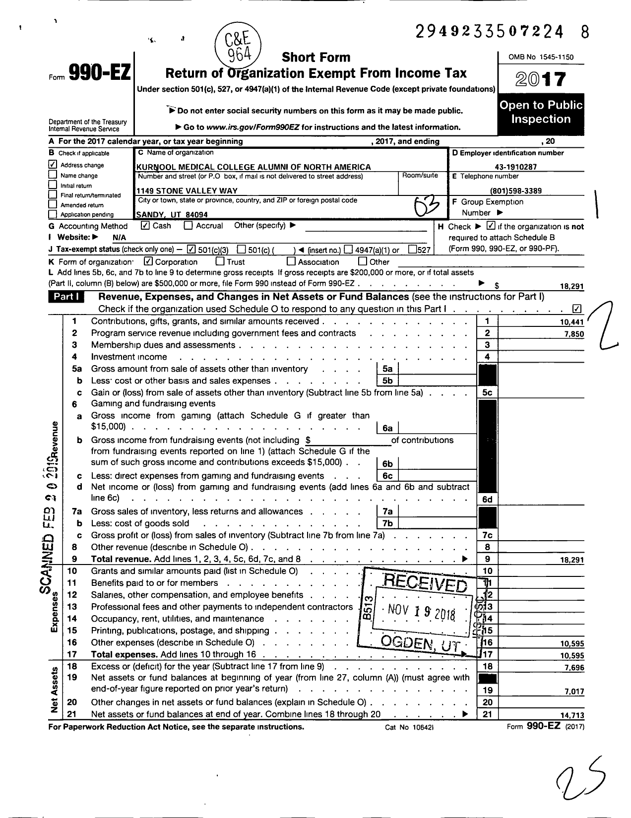 Image of first page of 2017 Form 990EZ for Kurnool Medical College Alumni of North America