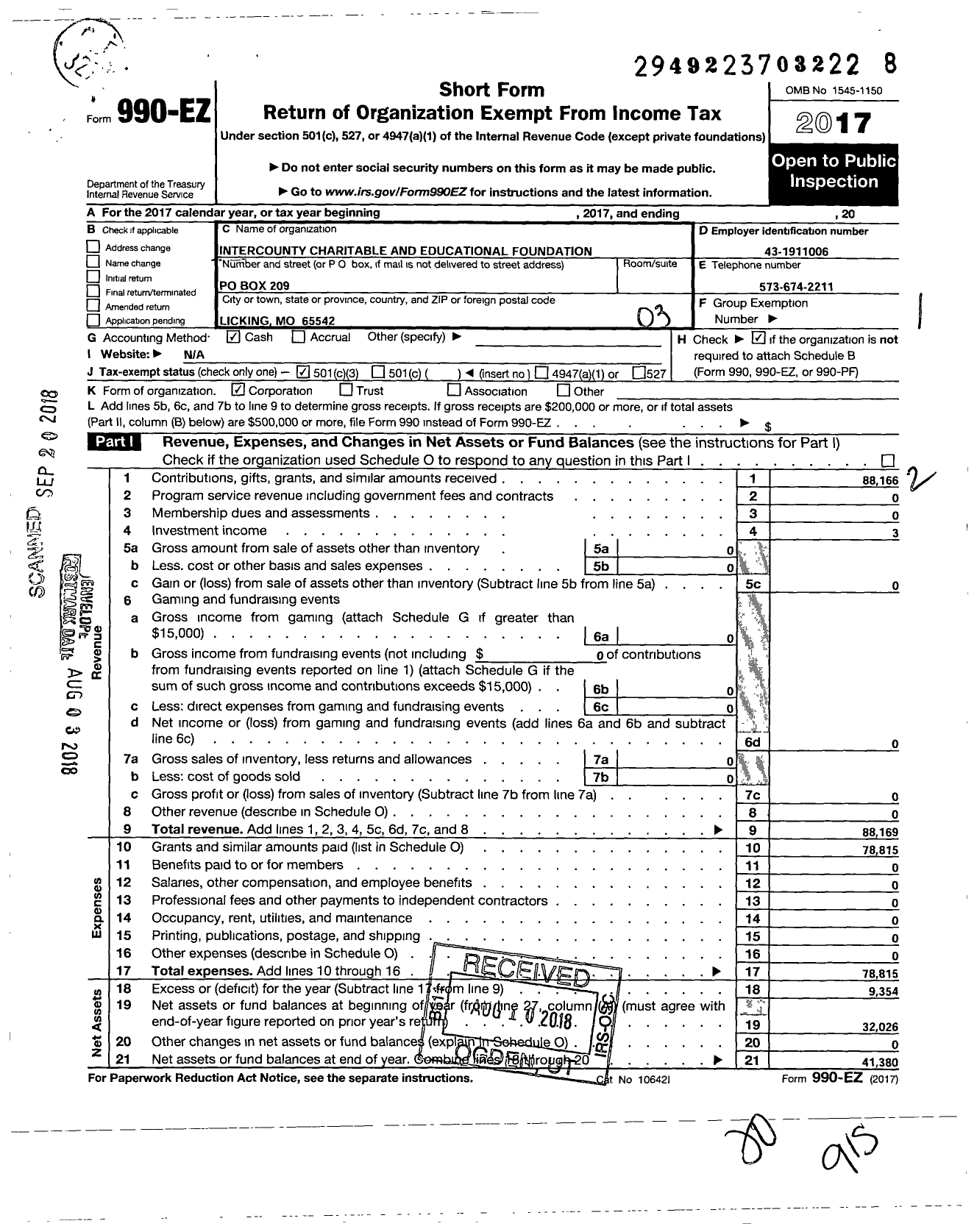 Image of first page of 2017 Form 990EZ for Intercounty Charitable and Educational Foundation