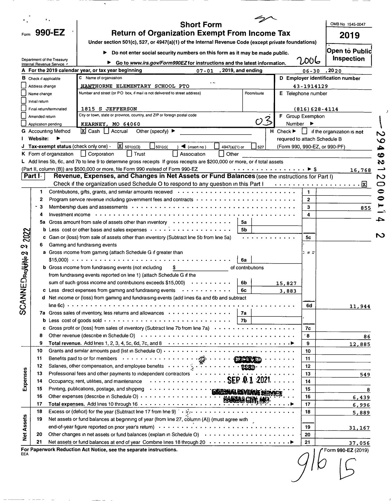 Image of first page of 2019 Form 990EZ for Hawthorne Elementary School Pto / Kearney Intermediate School Pto