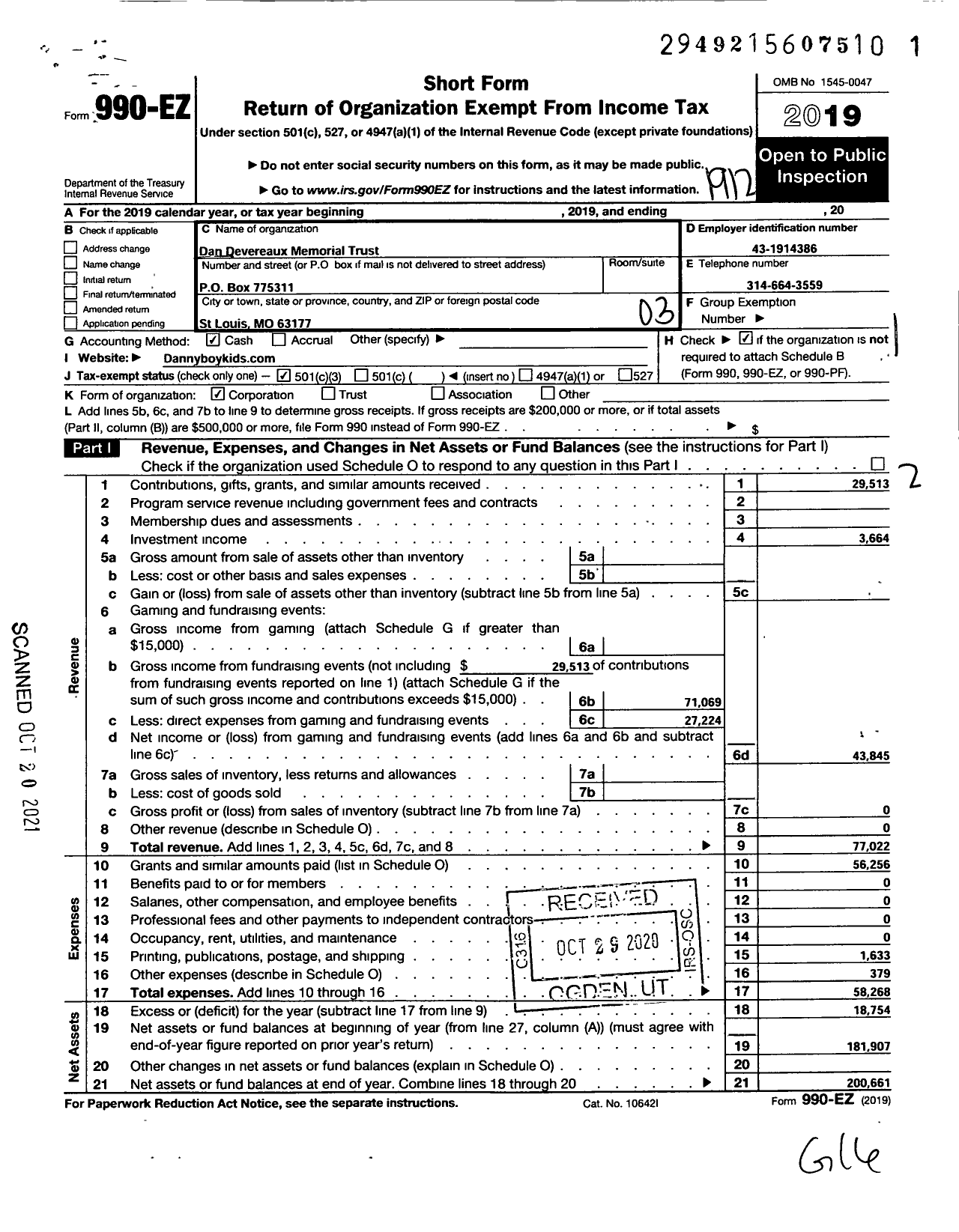 Image of first page of 2019 Form 990EZ for Dan Devereaux Memorial Trust