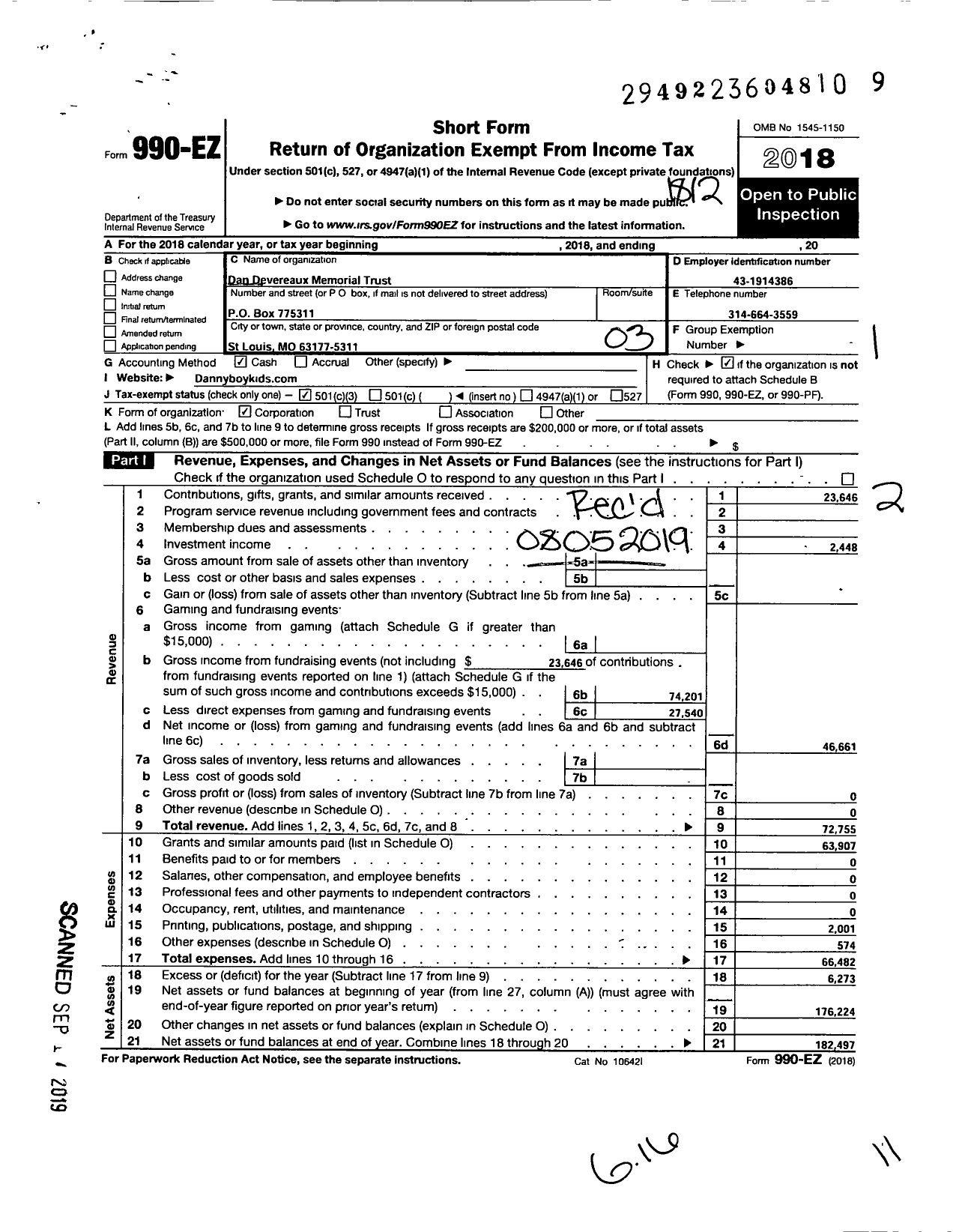 Image of first page of 2018 Form 990EZ for Dan Devereaux Memorial Trust