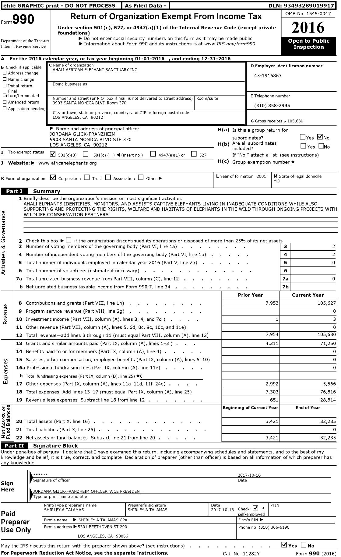 Image of first page of 2016 Form 990 for Ahali African Elephant Sanctuary